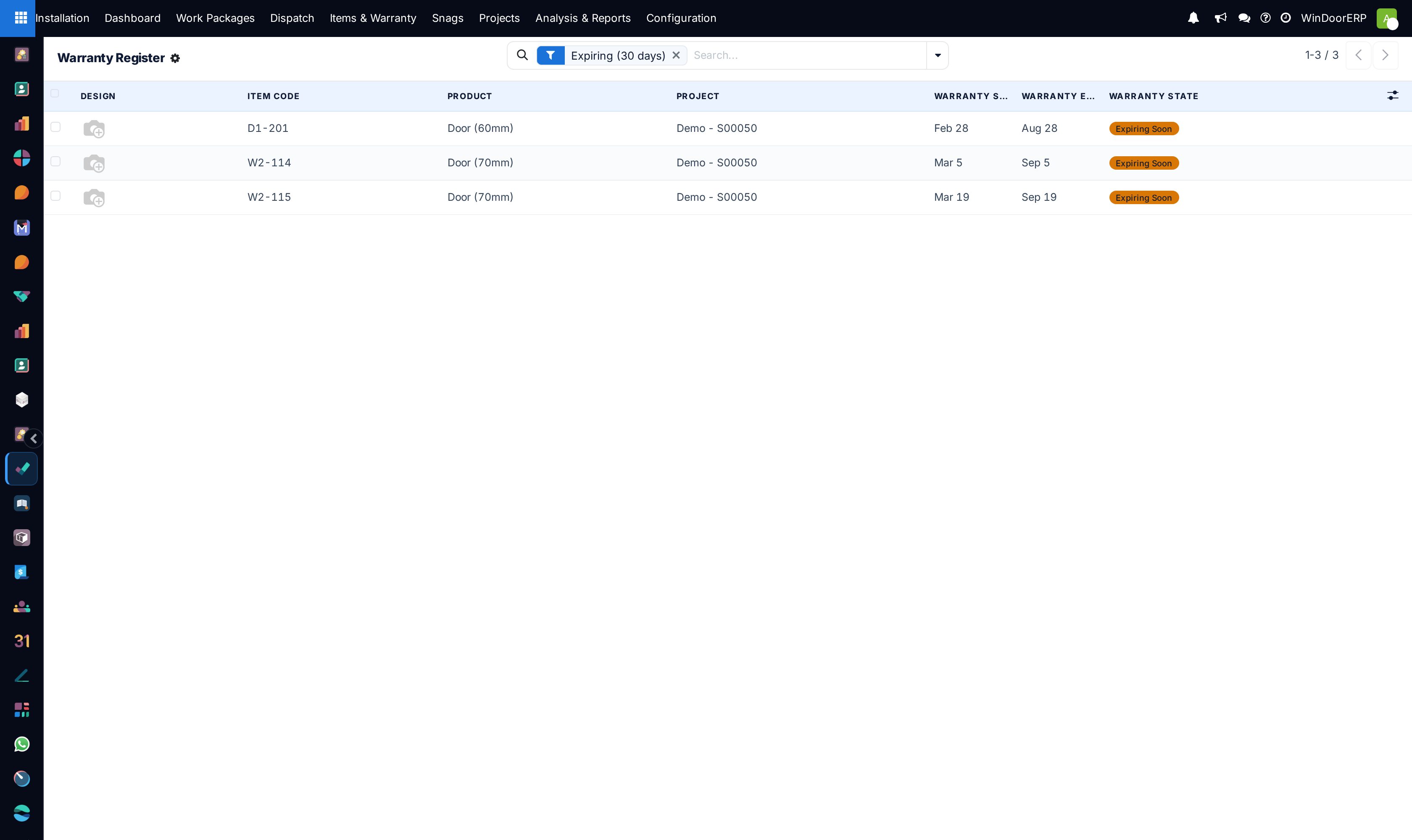 Customer warranty certificates catalog with validity periods and covered component tiers