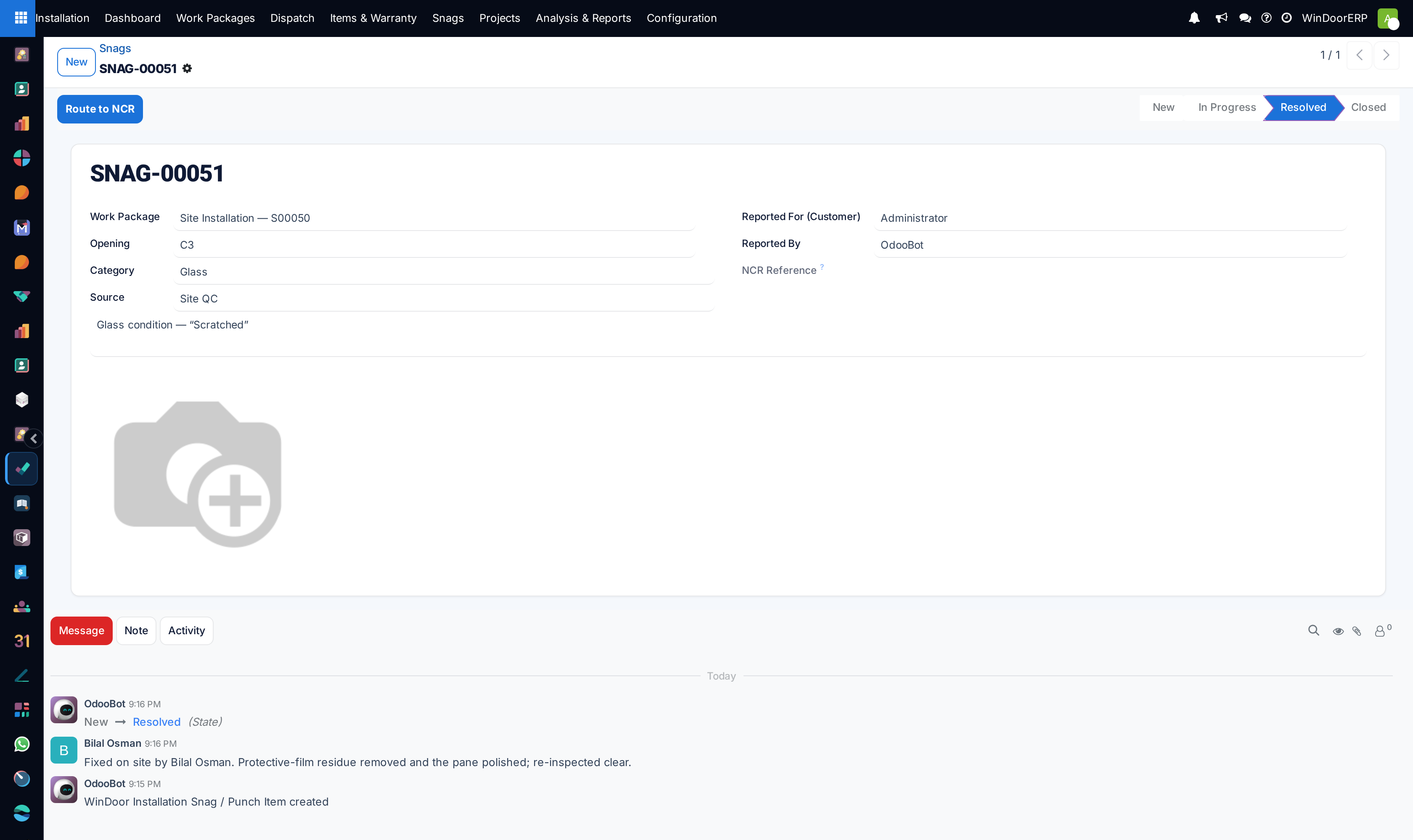 Snag item form with defect photos, root cause analysis, and customer sign-off capture