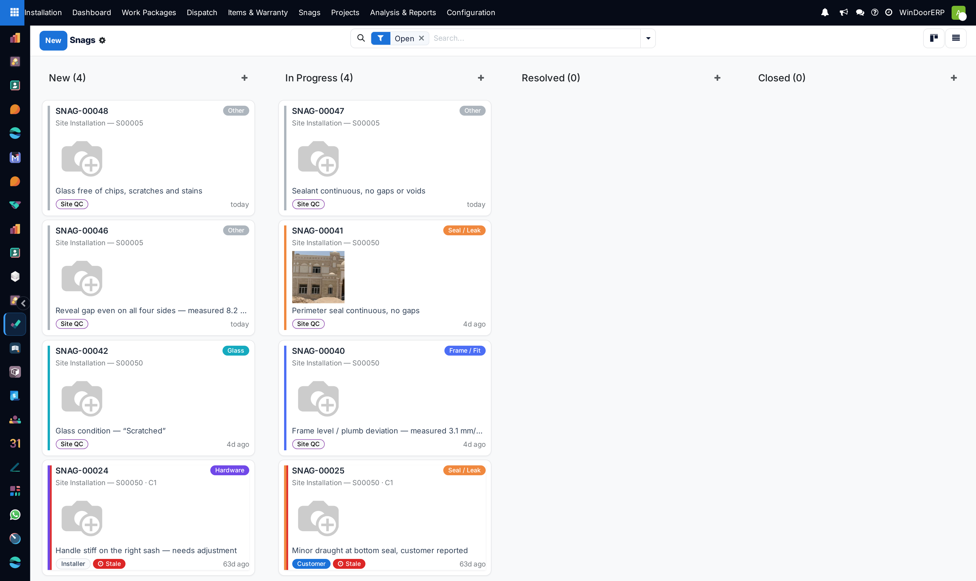 Snags kanban board organized by workflow: Open, In Progress, Verified, and Resolved