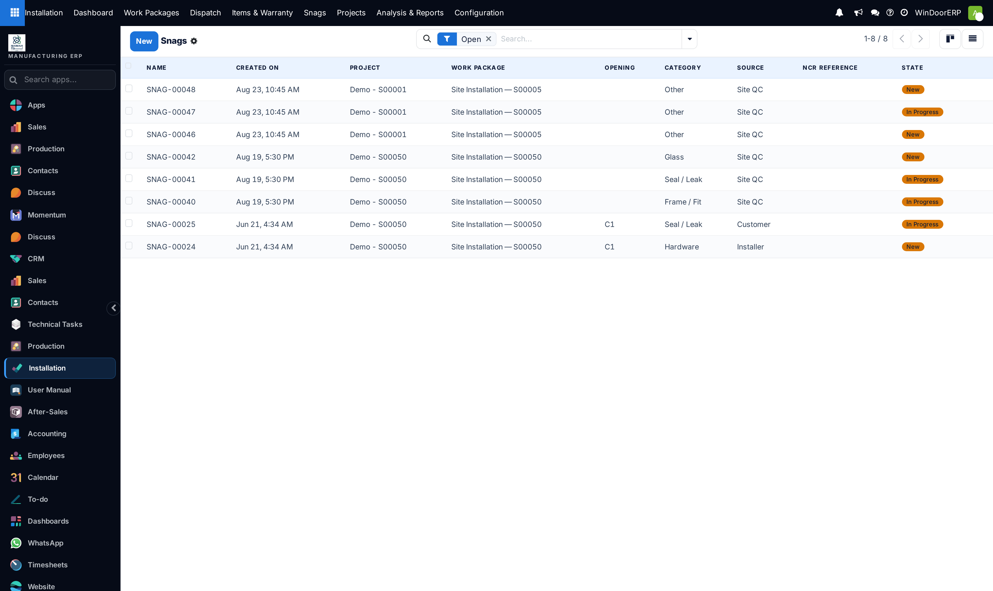 Installation snags queue list showing severity priority, assigned foremen, and resolution states