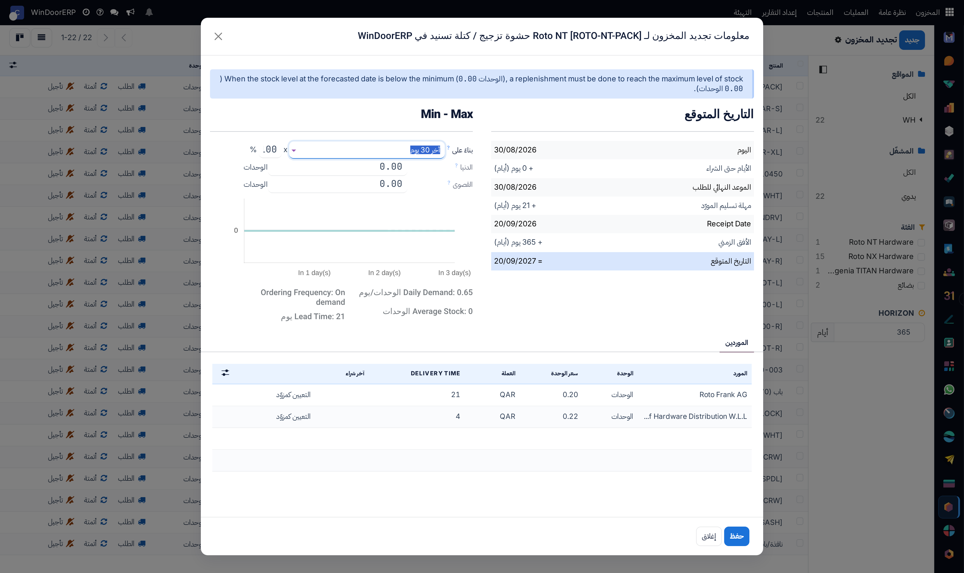 نافذة معلومات تجديد المخزون خلف أيقونة المعلومات: الخط الزمني المؤرخ للمُهل ورسم الطلب البياني والحدان الأدنى والأقصى القابلان للتحرير