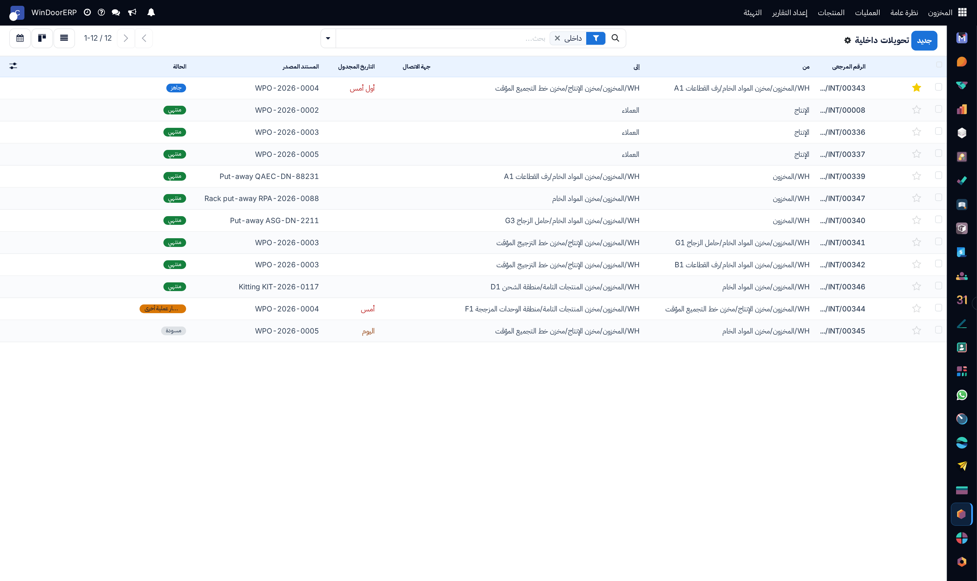 التحويلات الداخلية بين مناطق التصنيع والمخازن
