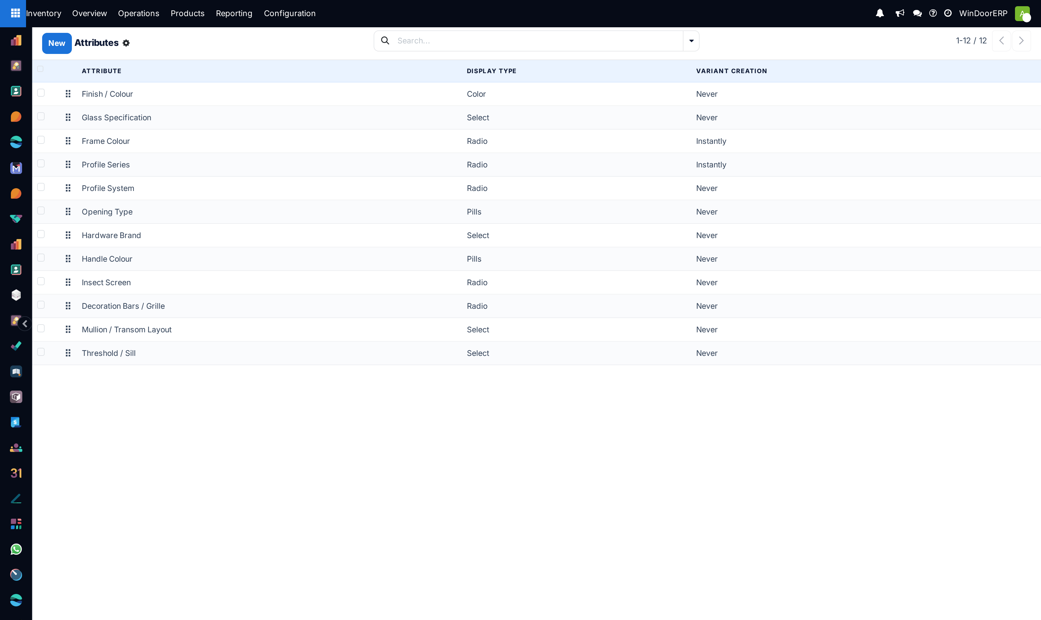 Product attributes list configuring finish colours, glass specifications and opening types.