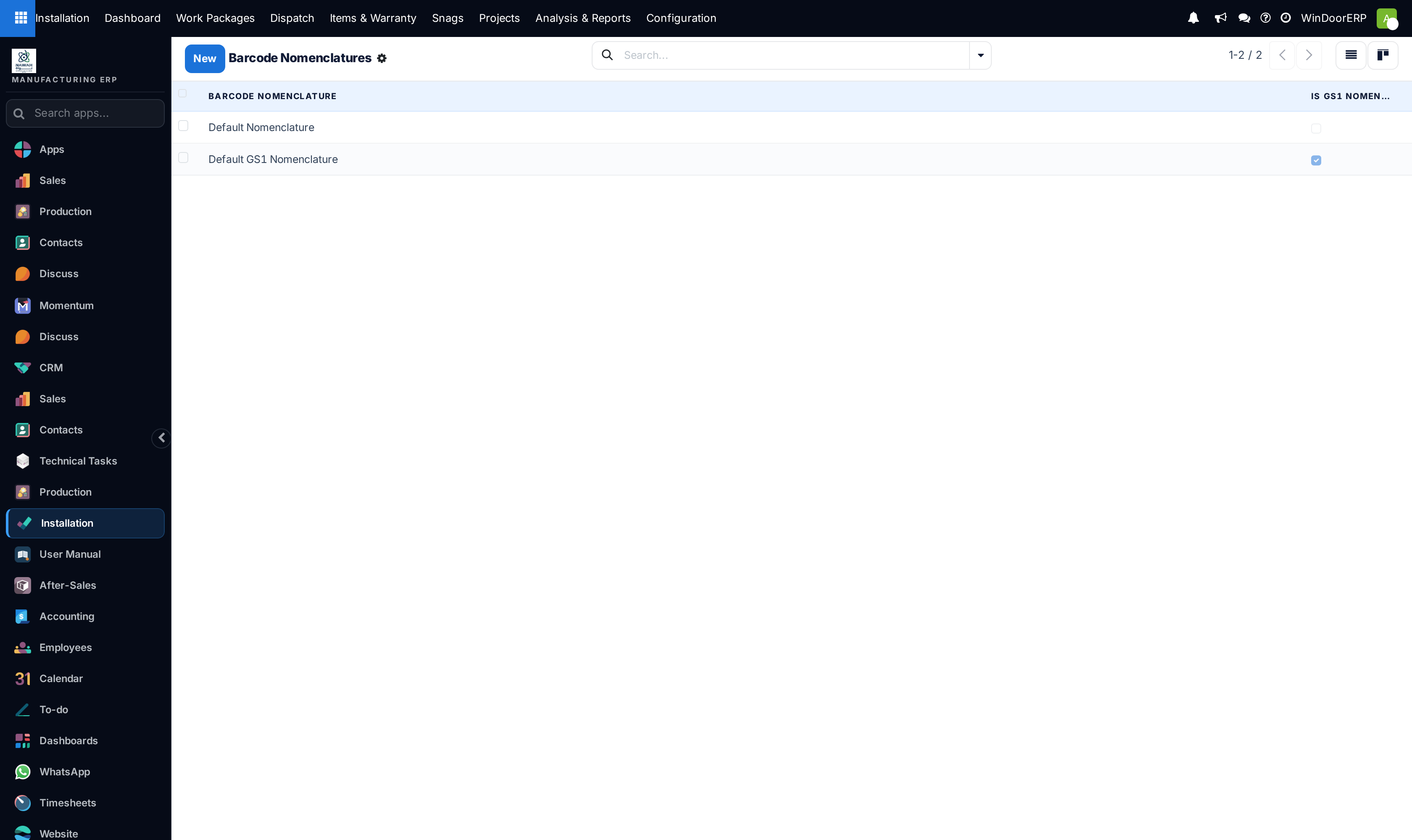 Barcode nomenclatures list configured for default warehouse scanning.