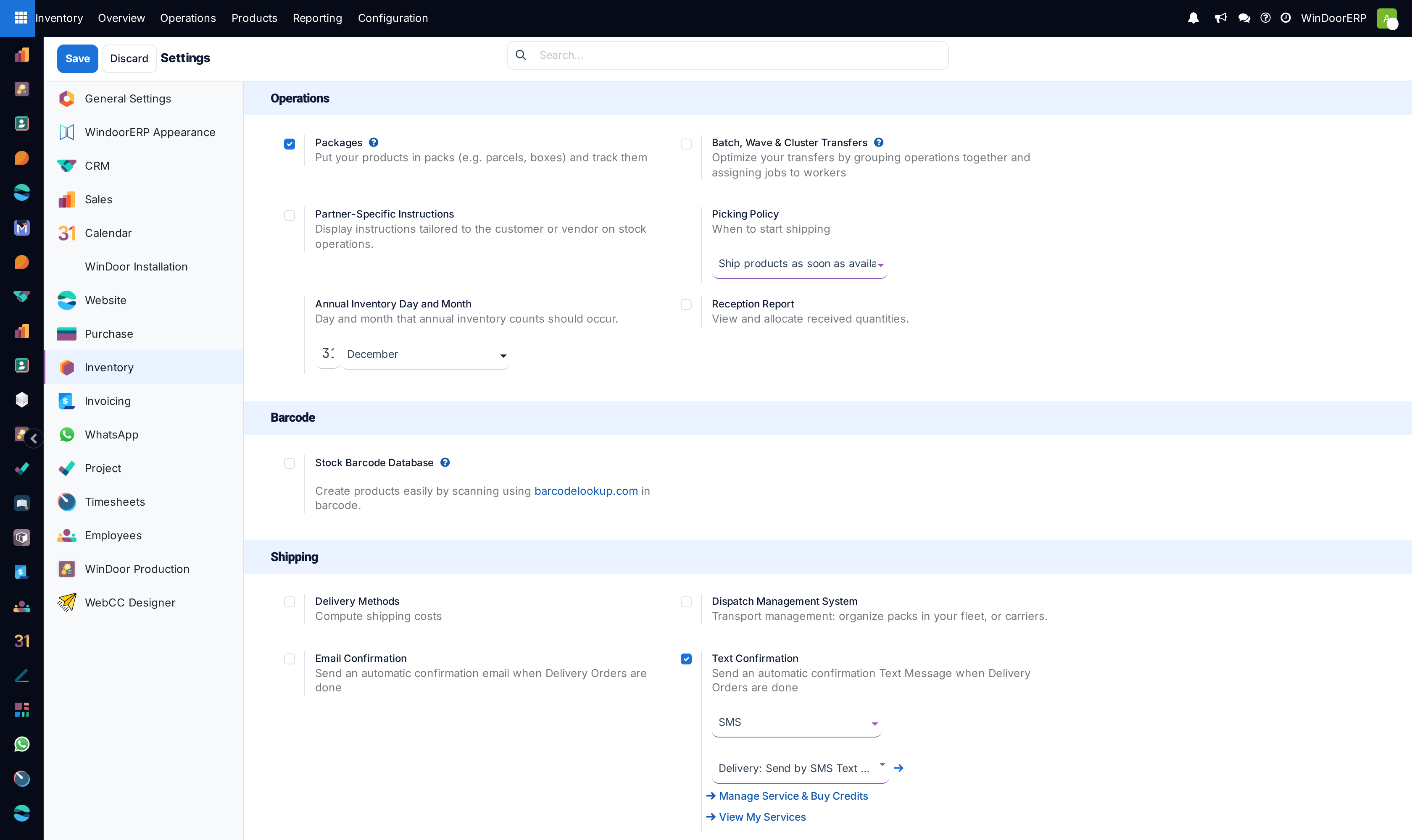The Inventory configuration settings page in WindoorERP.