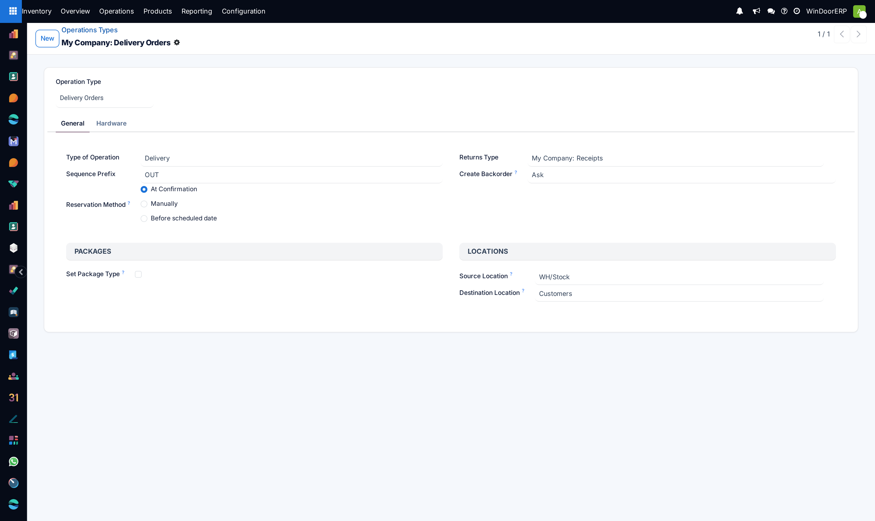 Configuring reservation method and default source/destination locations on an operation type.