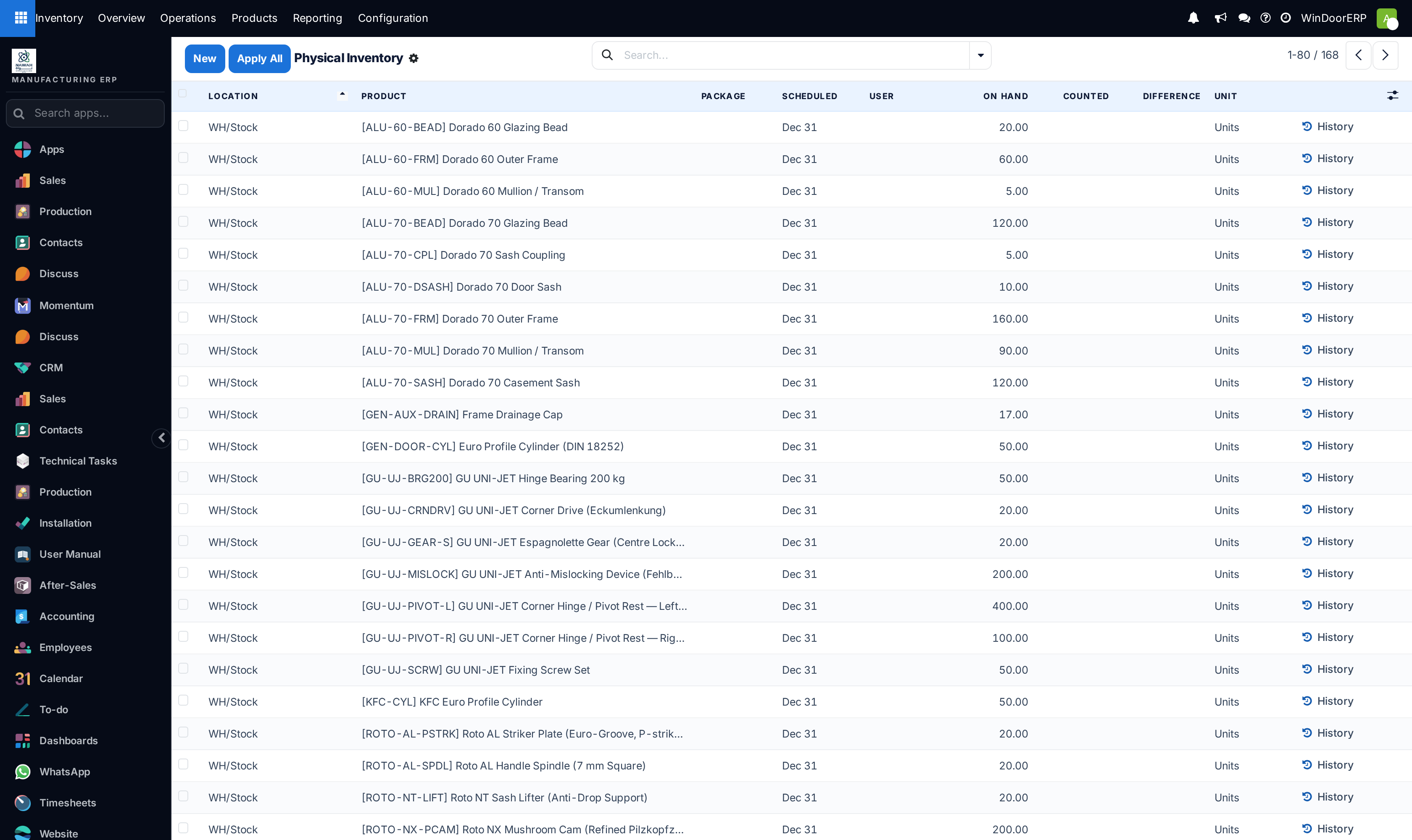 Physical inventory count sheet showing on-hand quantities, counted quantities and discrepancies.