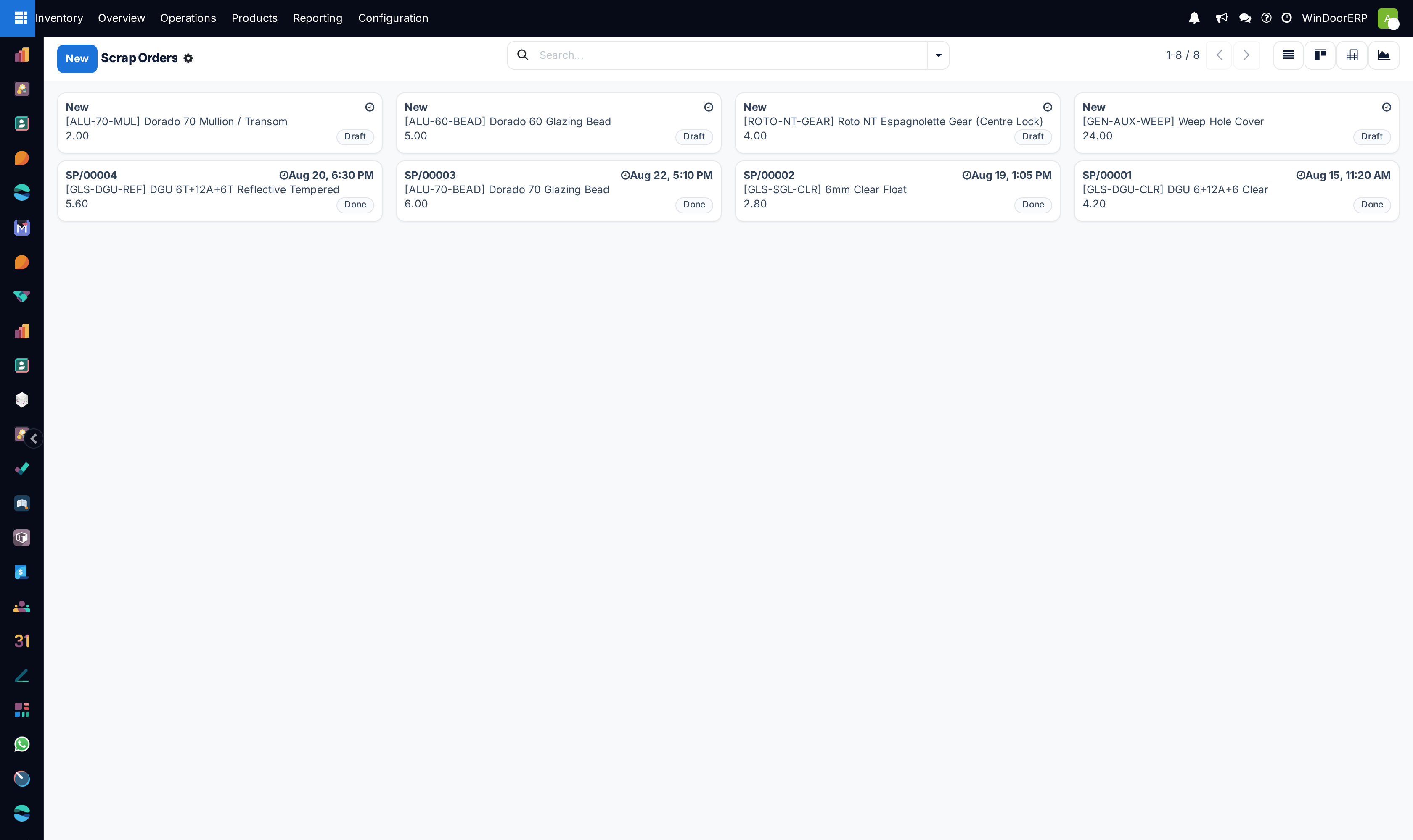Kanban view of scrap records categorized by material type.