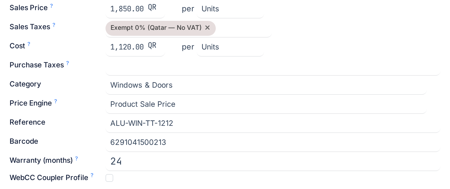 The right column of General Information: Sales Price, Sales Taxes, Cost, Purchase Taxes, Category, Price Engine, Reference, Barcode, Warranty in months and the WebCC Coupler Profile checkbox