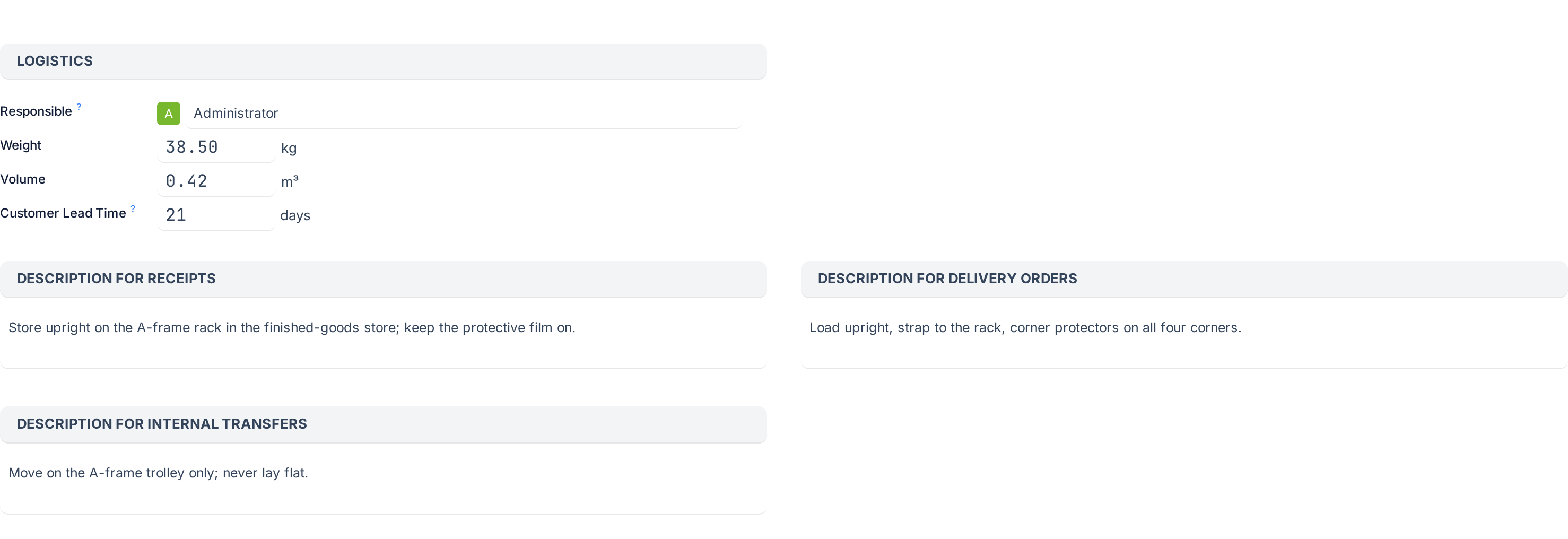 The Inventory tab: routes with the View Diagram button, the logistics block with responsible, weight, volume and customer lead time, and the description fields for receipts and deliveries