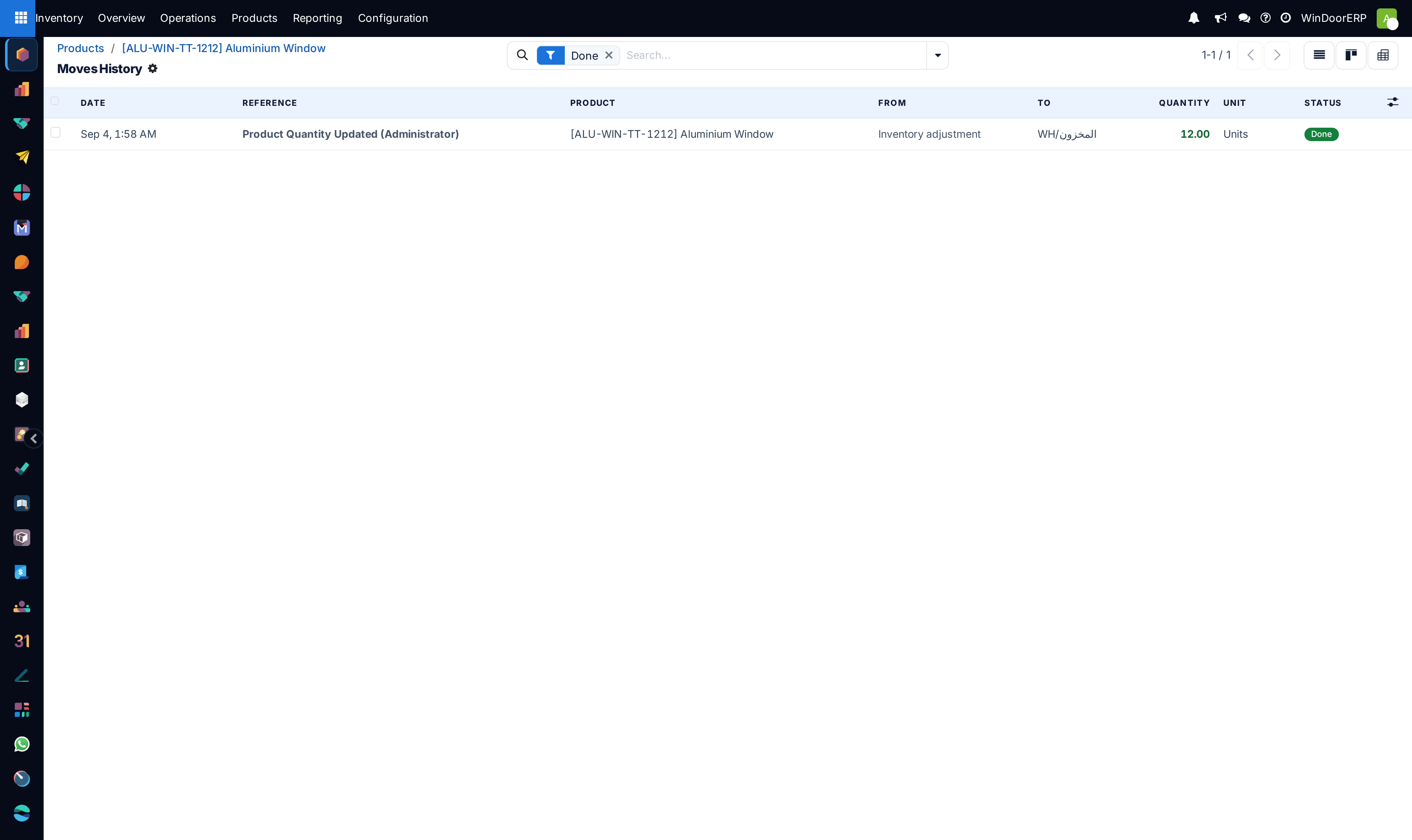 The Moves History opened from the In and Out button: every validated move line of the product with its date, reference, source, destination and quantity