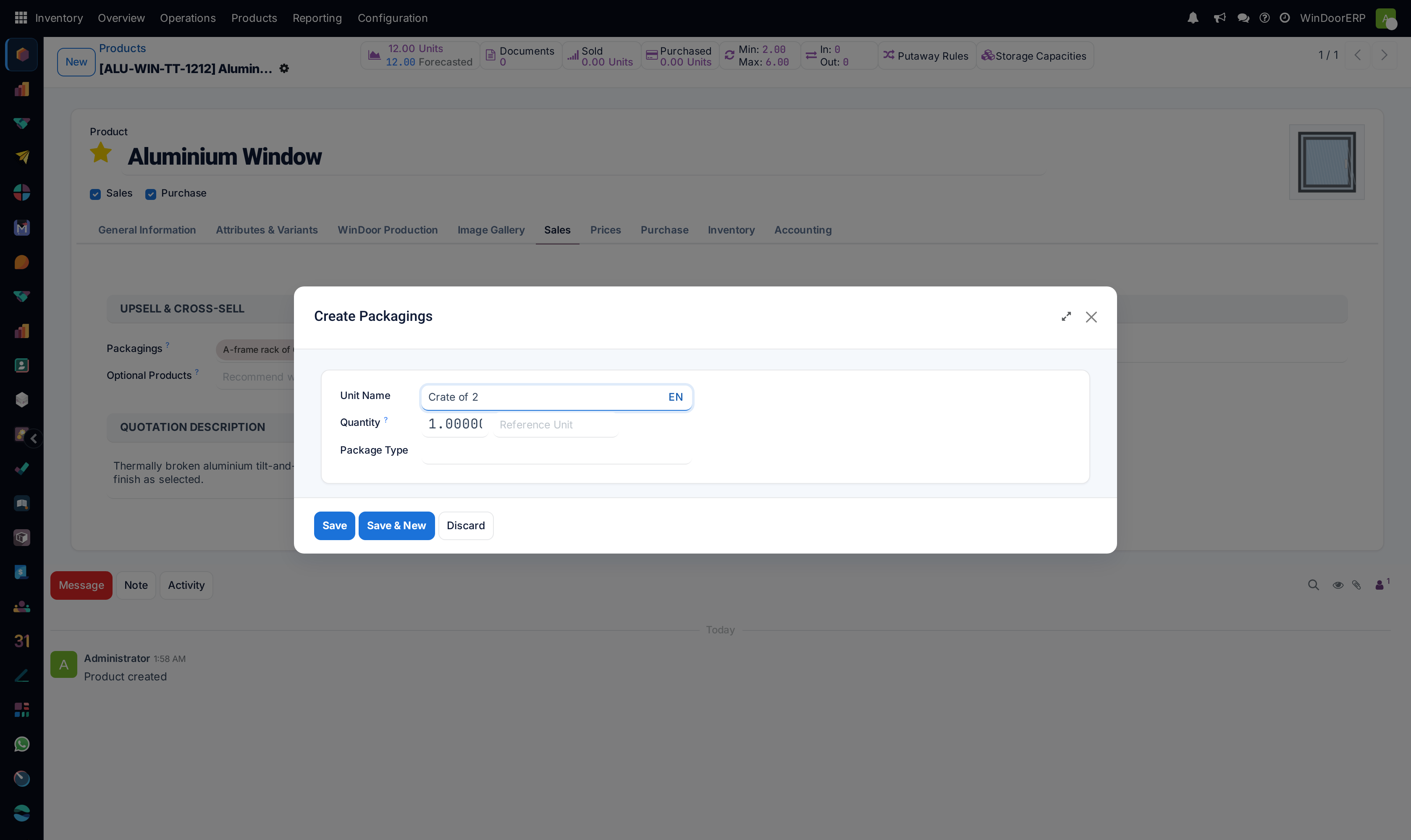 The Create Packagings dialog opened from the product: unit name, quantity with its reference unit, and package type