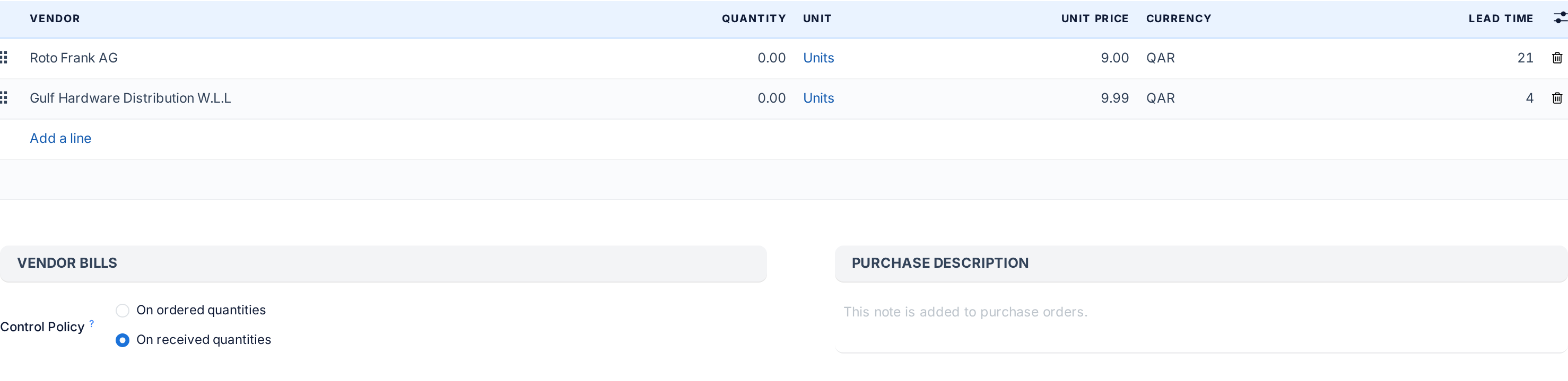The Purchase tab of a hardware product: two vendor lines with quantity, unit, unit price, currency and lead time, the control policy and the purchase description
