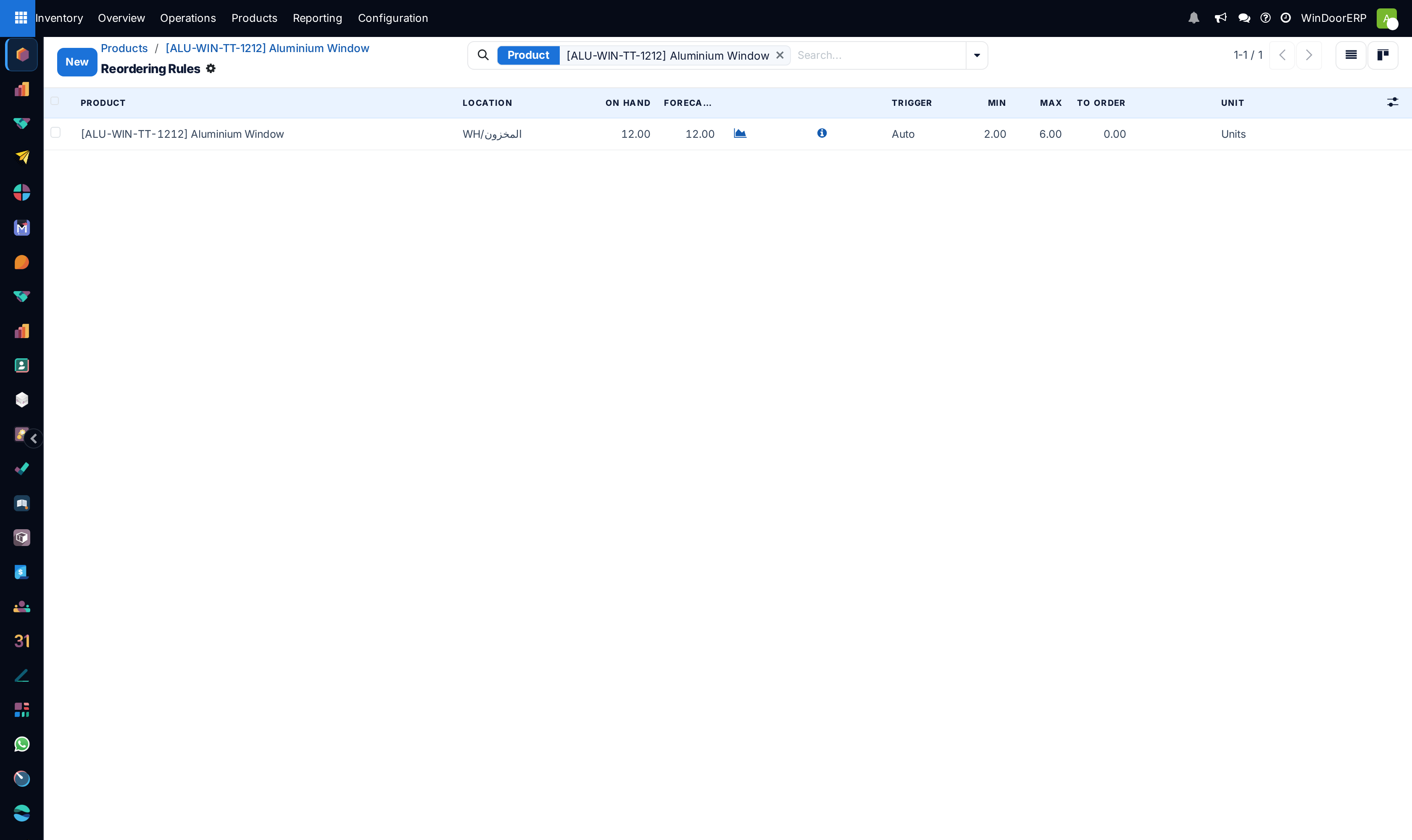 The reordering rules list opened from a product: product, location, on hand, forecast, trigger, min, max, to order and unit, with the Order, Automate and Snooze buttons