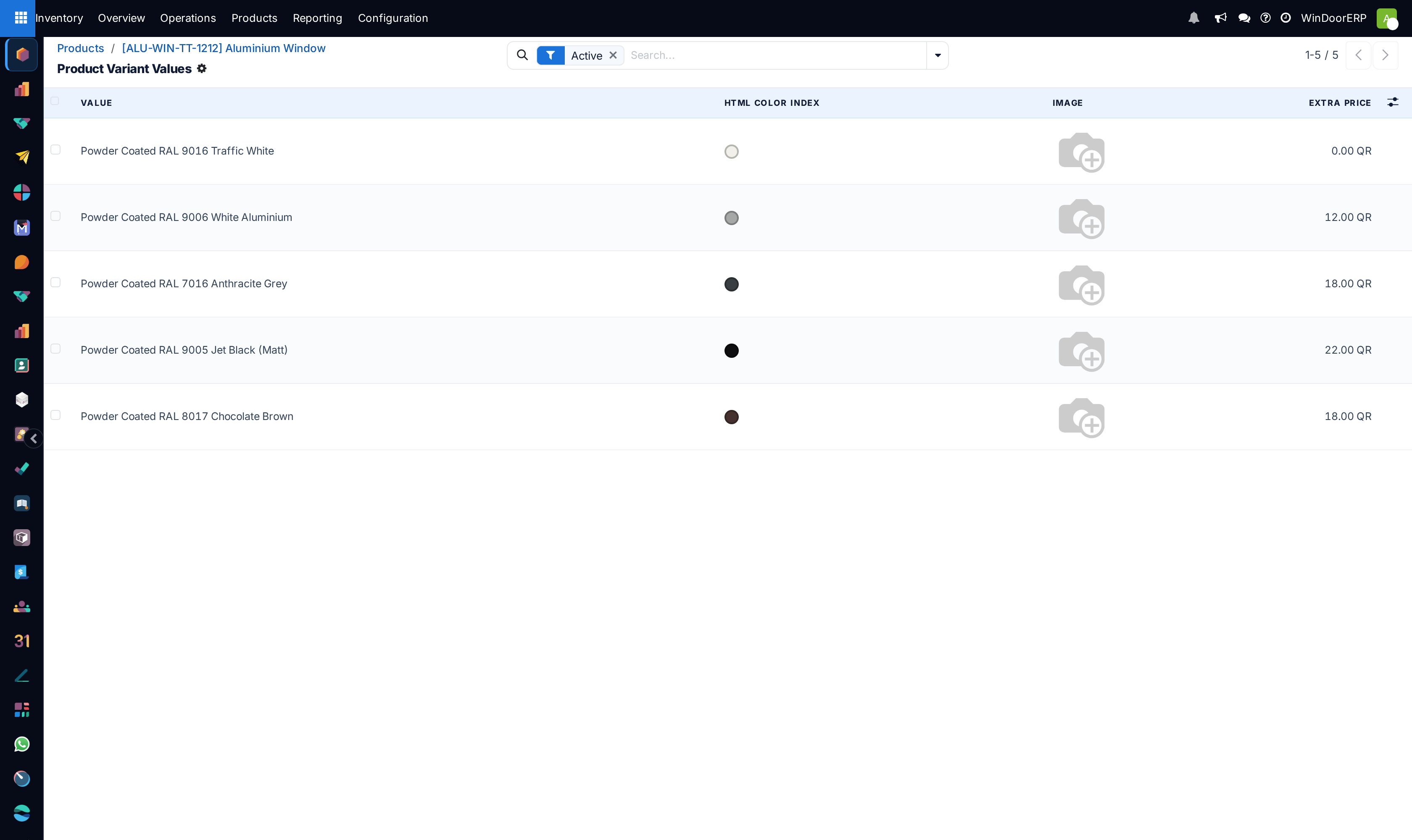The Product Variant Values list opened by Configure: each finish with its colour swatch, image placeholder and extra price