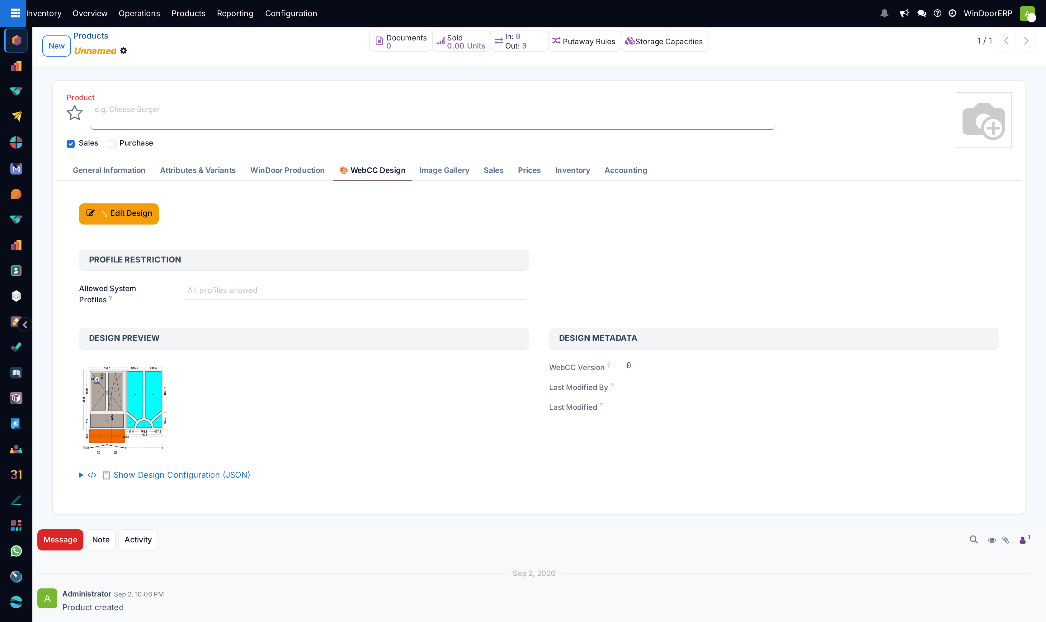 The WebCC Design tab of a template product: the Edit Design button, the allowed system profiles, the design preview and the version metadata