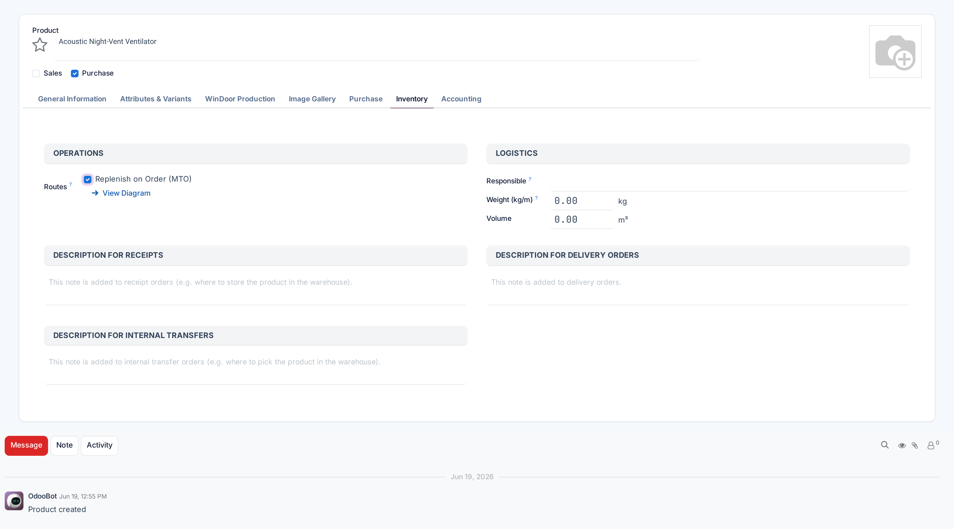 A product's Inventory tab with Replenish on Order (MTO) ticked in the Routes section