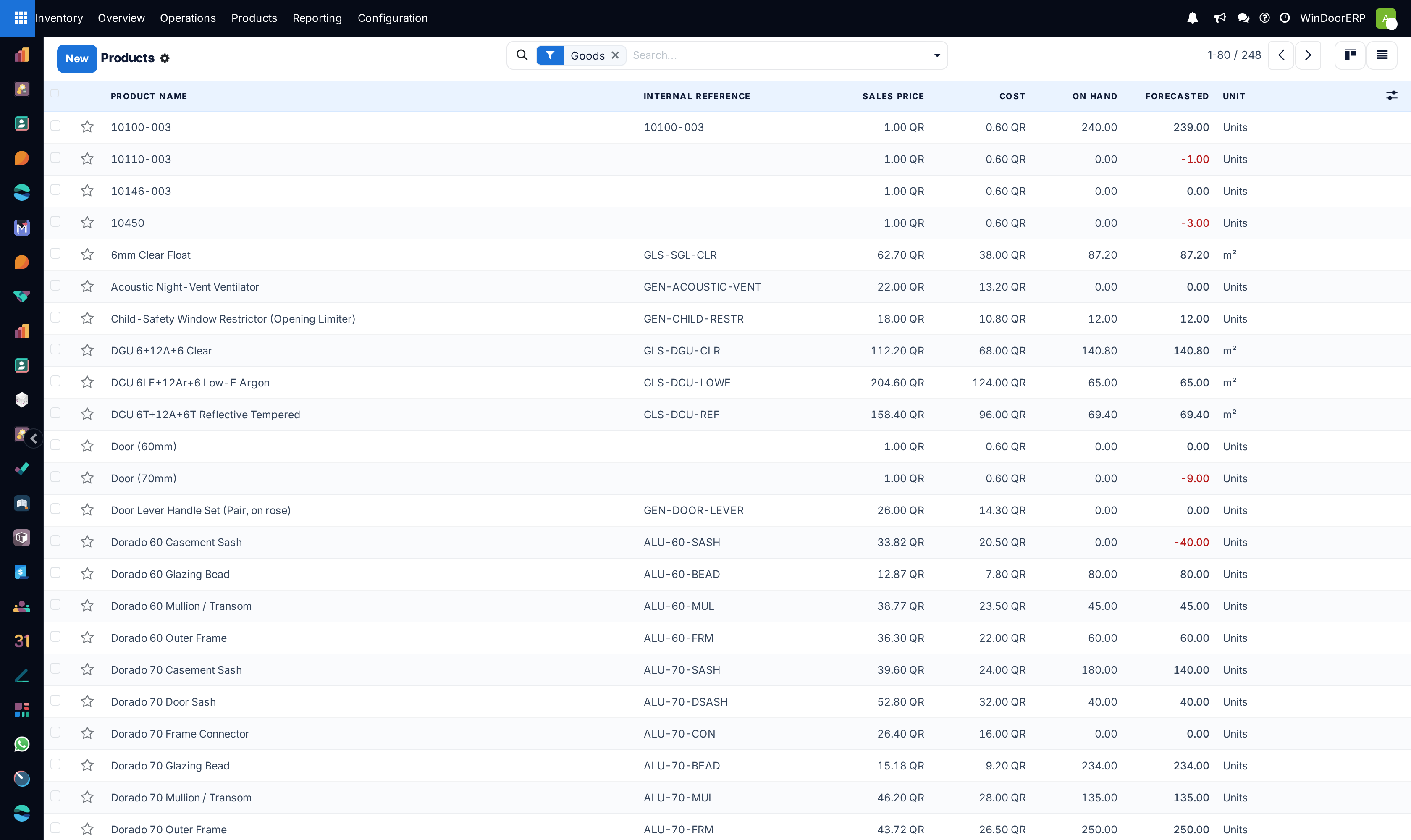 The product catalogue list view displaying physical stock positions and unit costs.