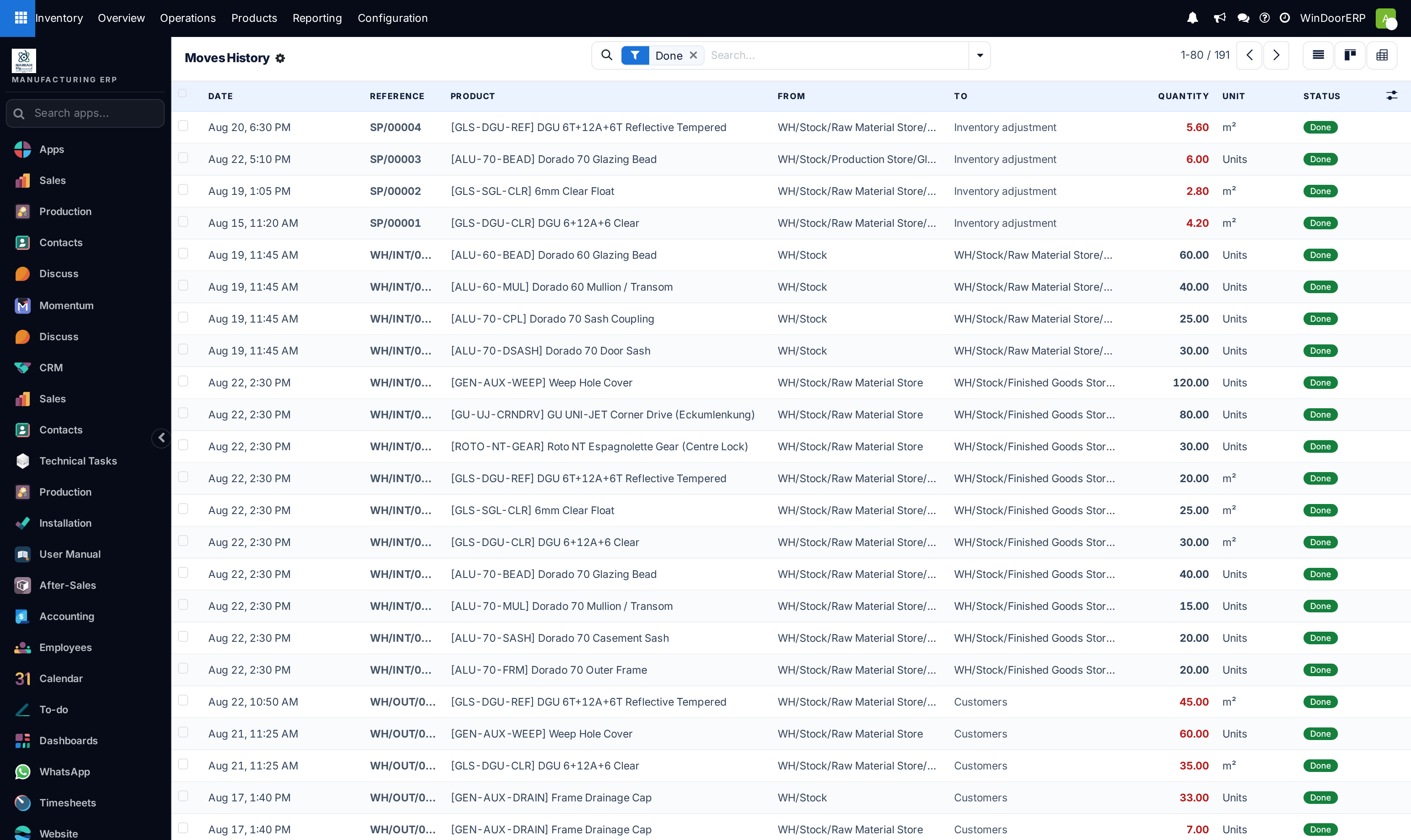 Moves history log recording every internal movement, receipt, consumption and dispatch with timestamps and users.