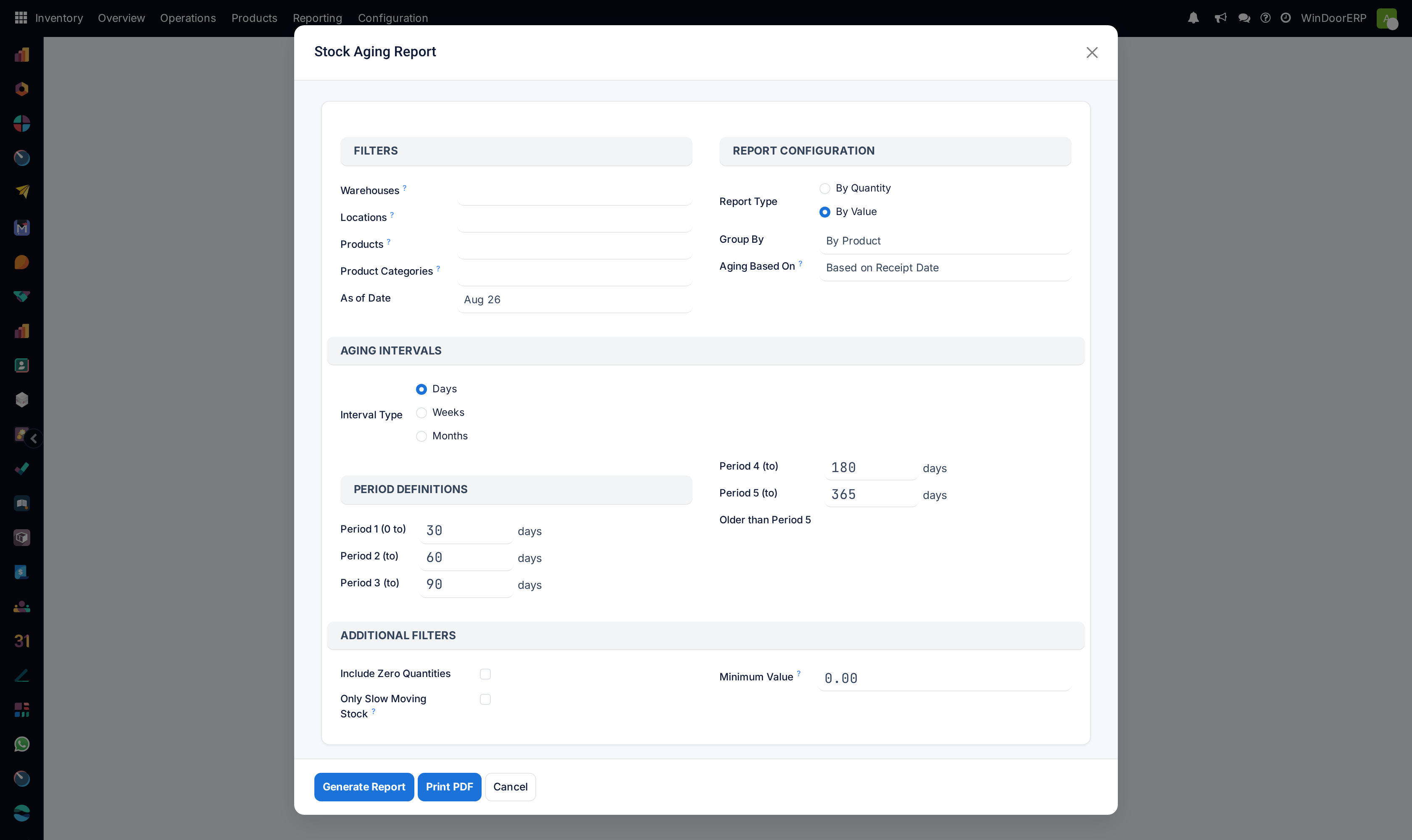 Stock aging report filter parameters form