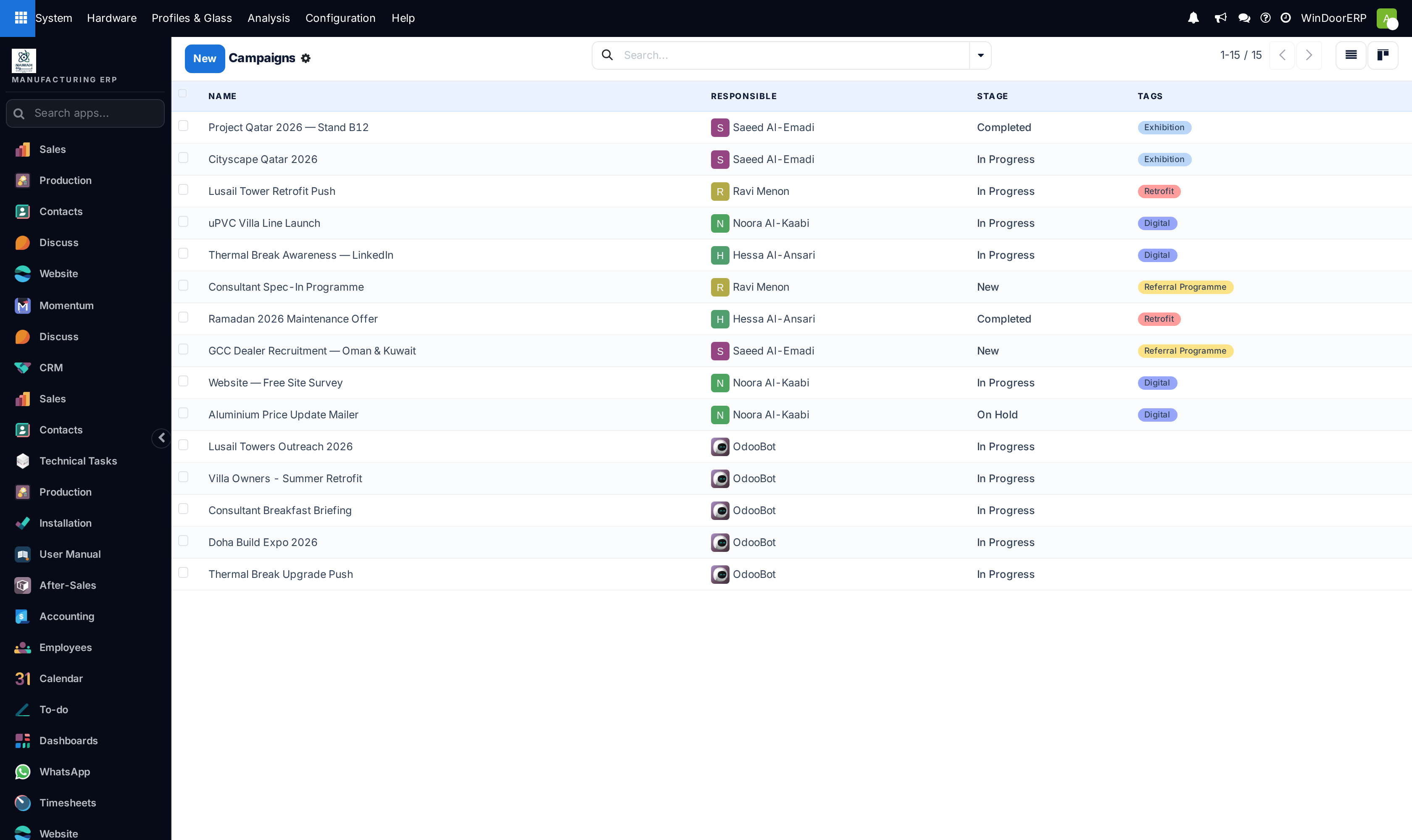 Marketing campaigns master list showing click counts and lead attribution