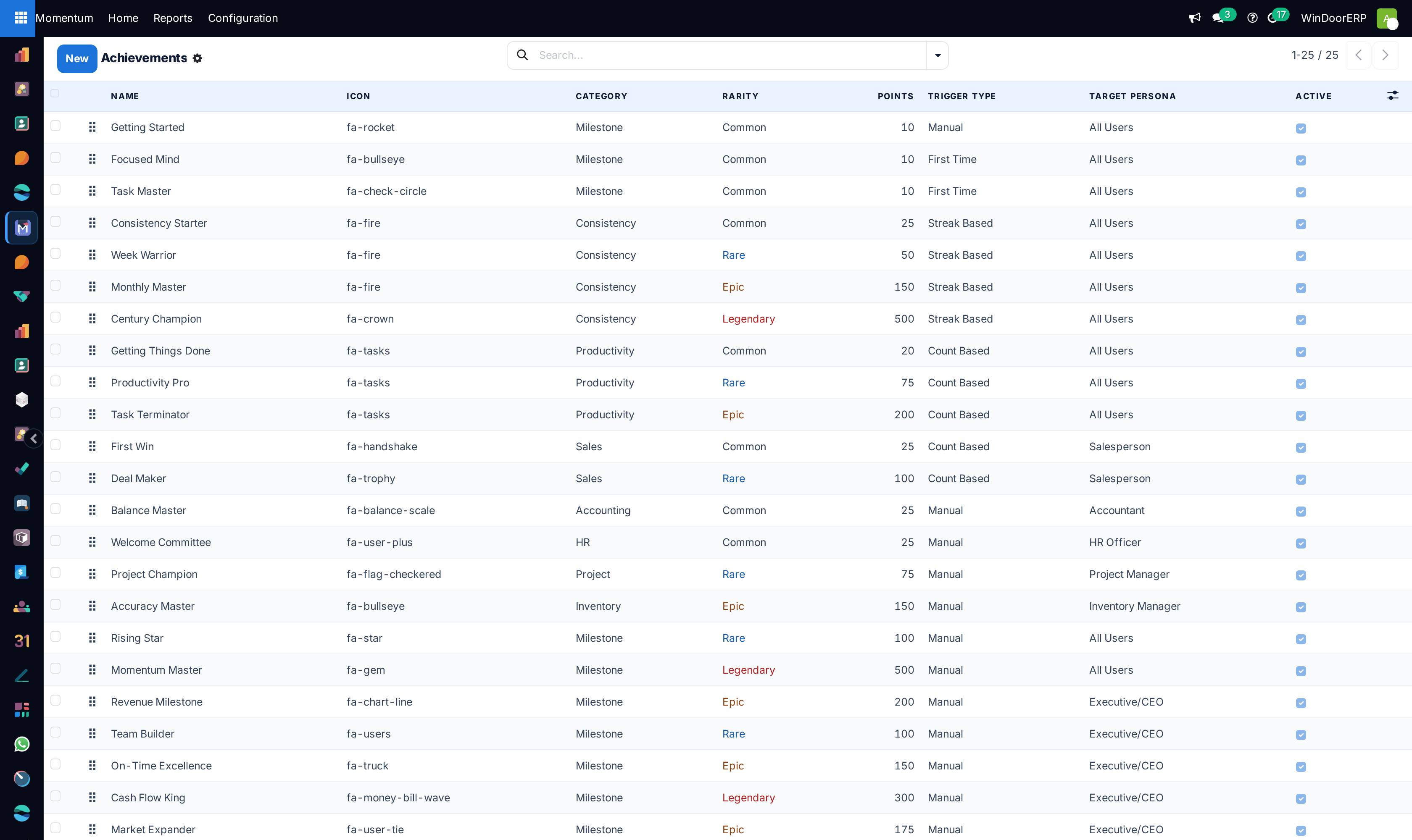 Achievements configuration catalog list