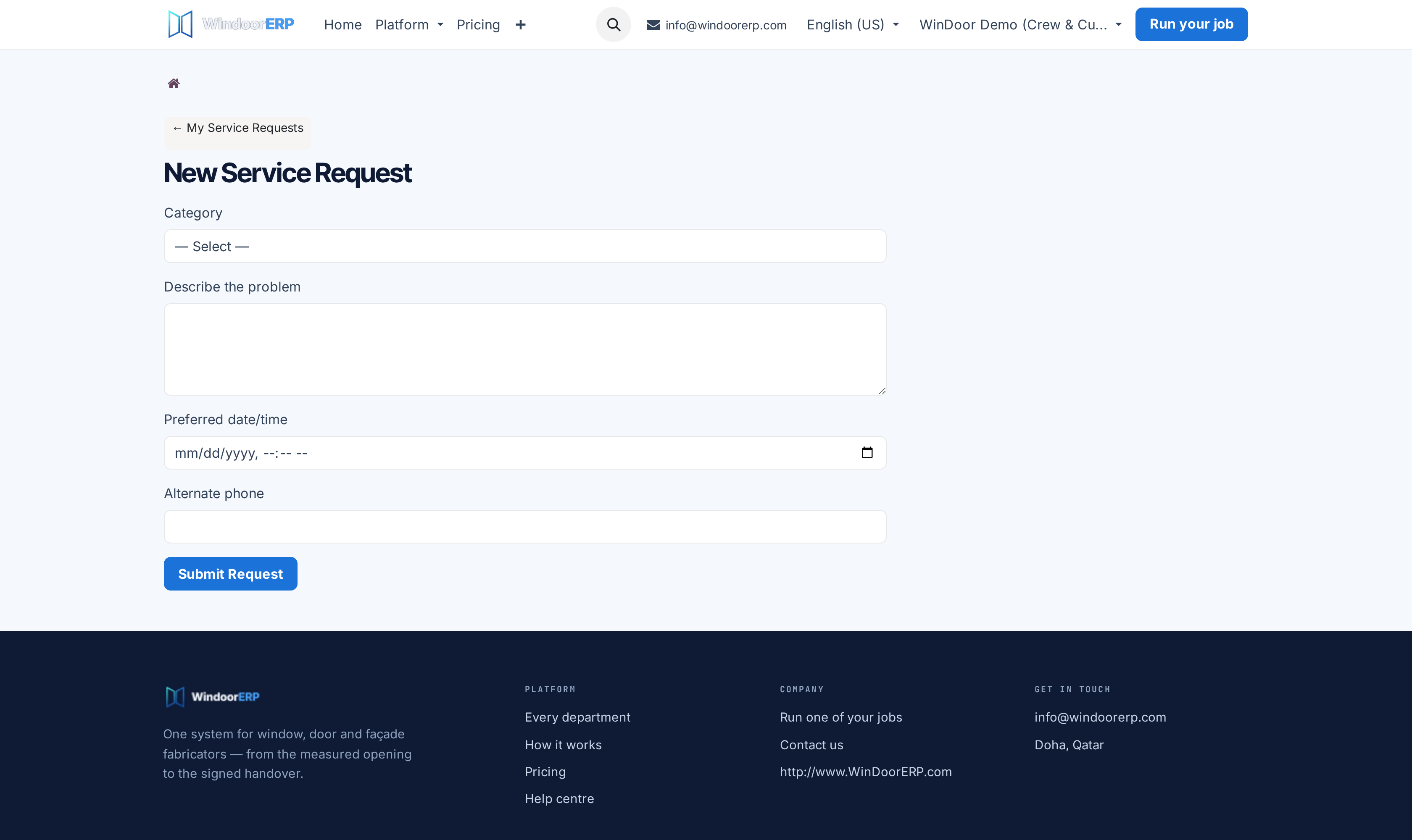 Customer warranty service request submission form with photo upload