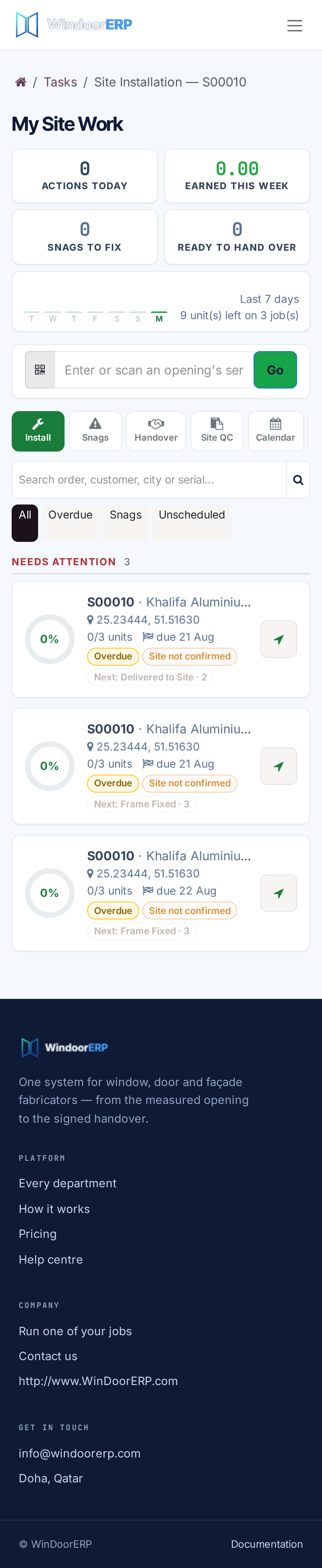 Full mobile installation workflow screen with task execution checklists