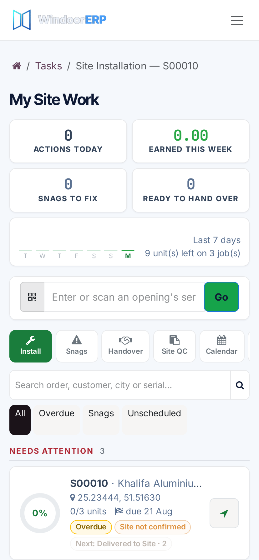 My installations mobile cards showing job status and location pins