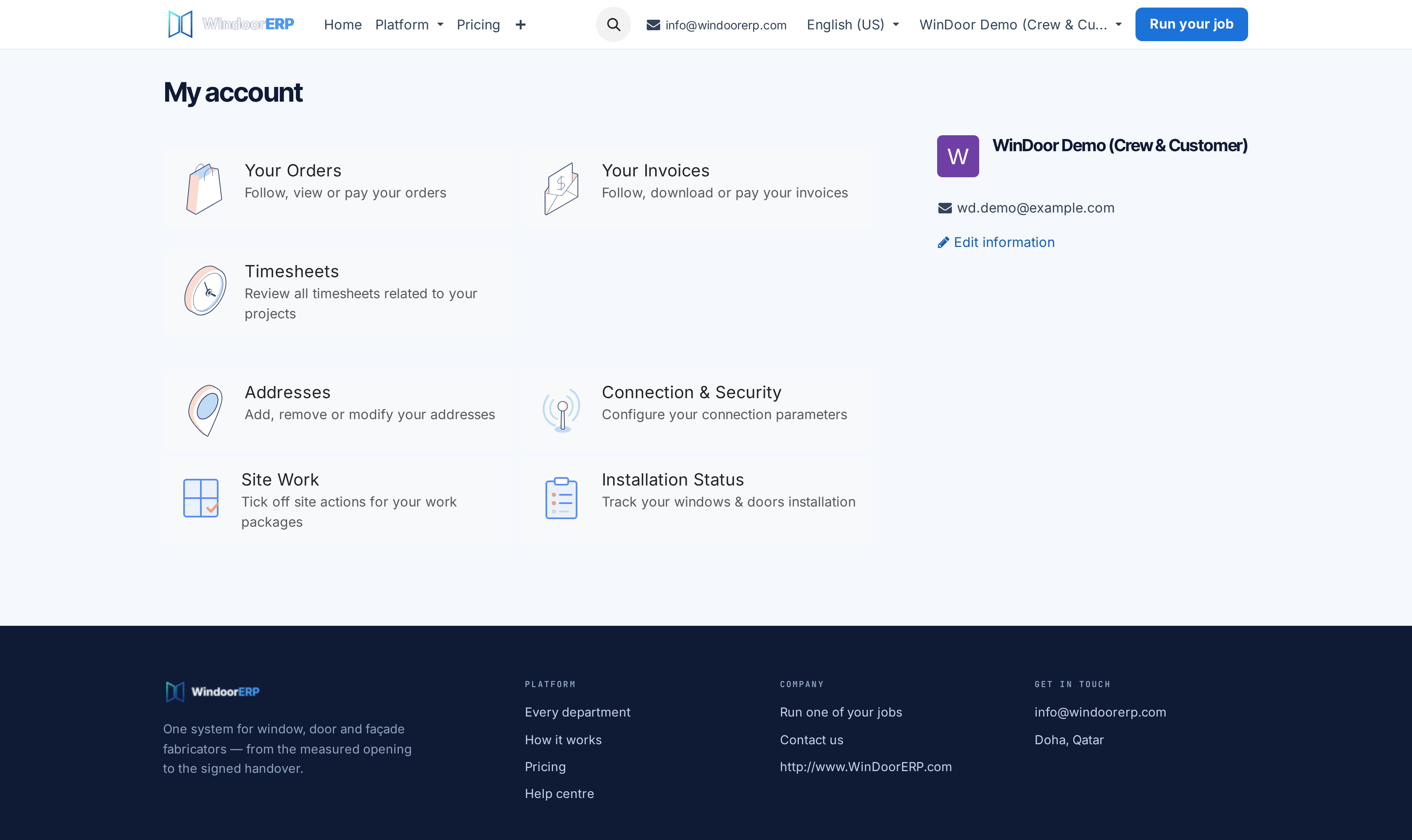 Customer self-service portal homepage with quick action tiles and recent documents