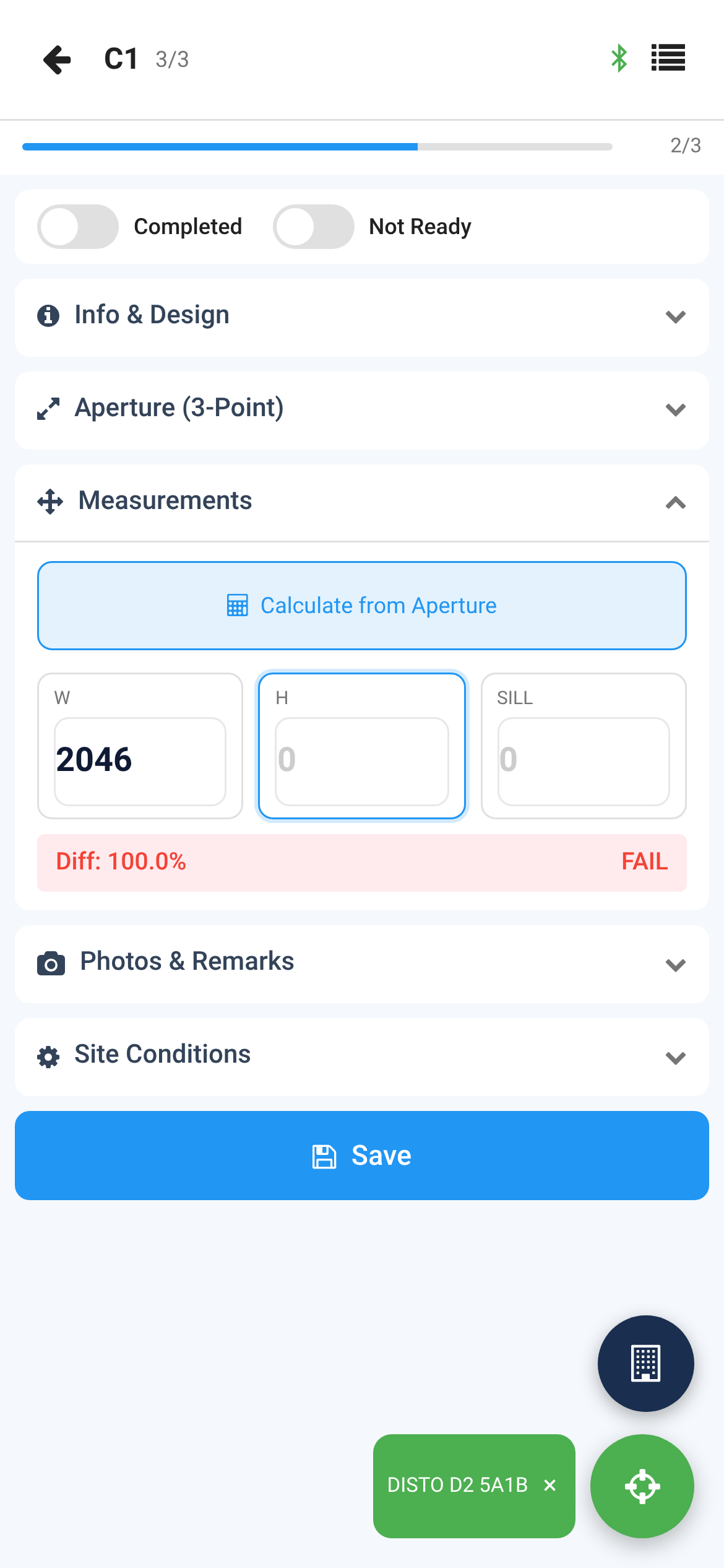 The measuring screen on a phone with a DISTO connected: the width 2046 taken by the meter in the W box, the H box chosen next, the Bluetooth mark in the header and the green laser button with the meter's name and a close cross in the bottom corner
