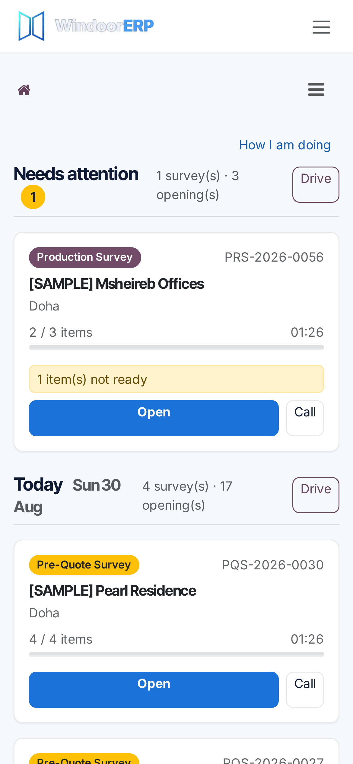 The surveyor's day plan on a phone, grouped into Needs attention and day sections with job and opening counts and a driving route button