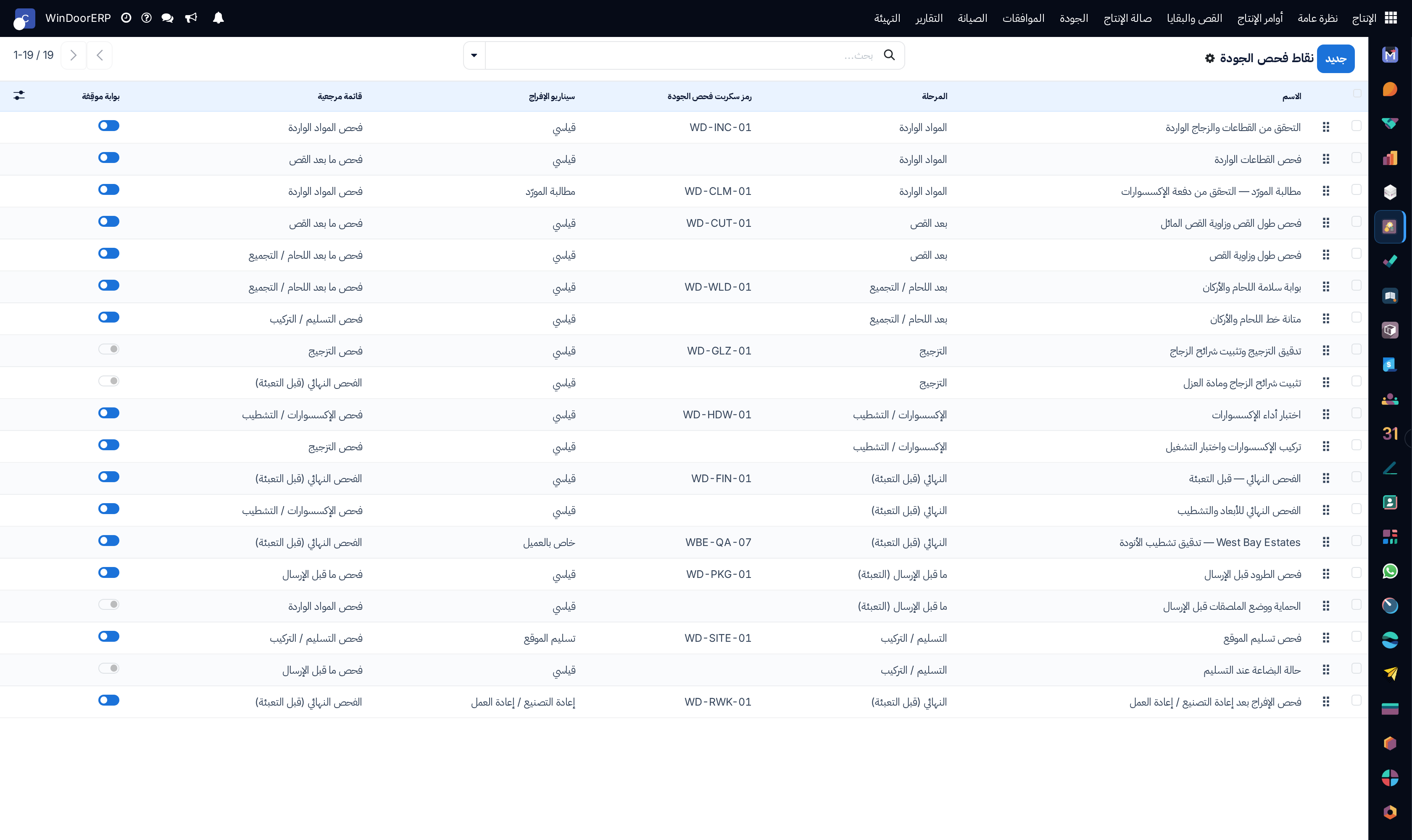 Quality control points list configured across fabrication work centers