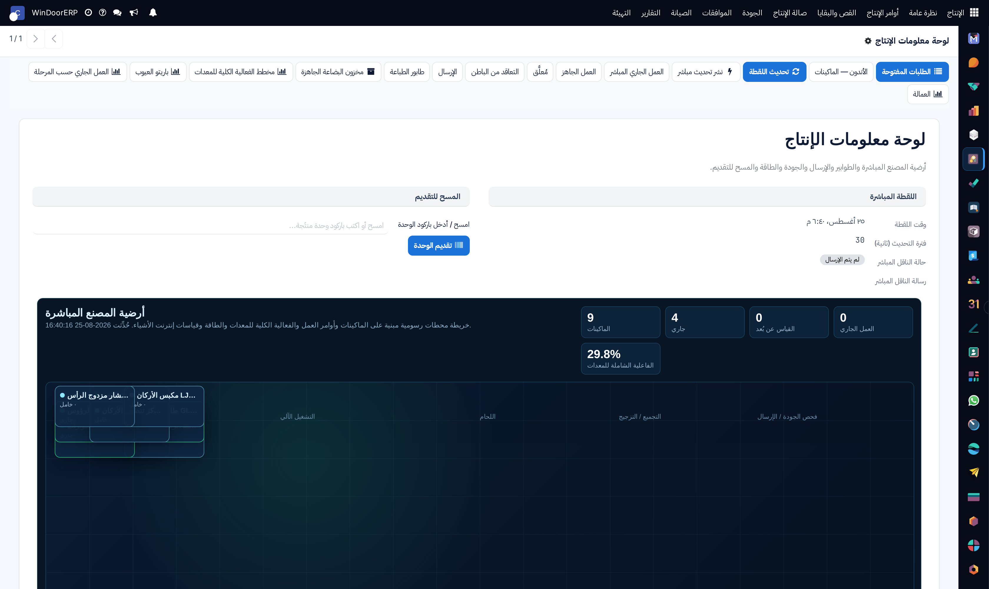 Production overview dashboard with live manufacturing KPIs and work center metrics