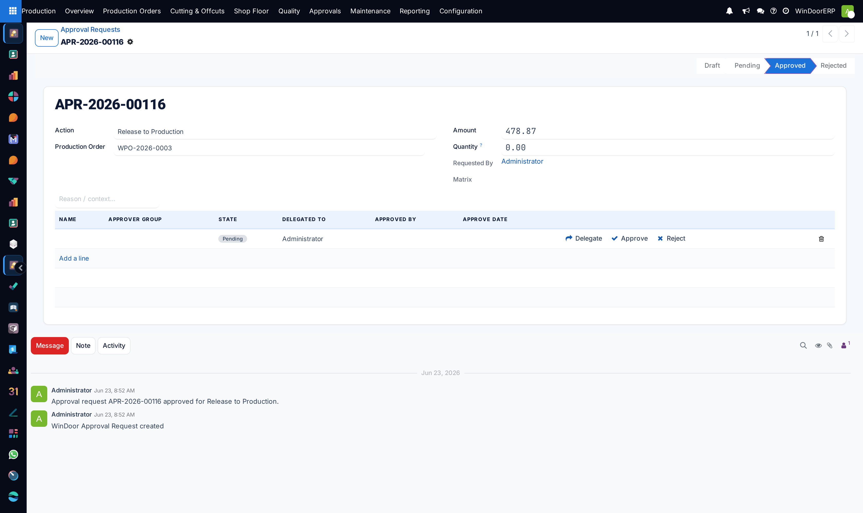 Approval request detail form with cost breakdown, justifications, and digital sign-off buttons
