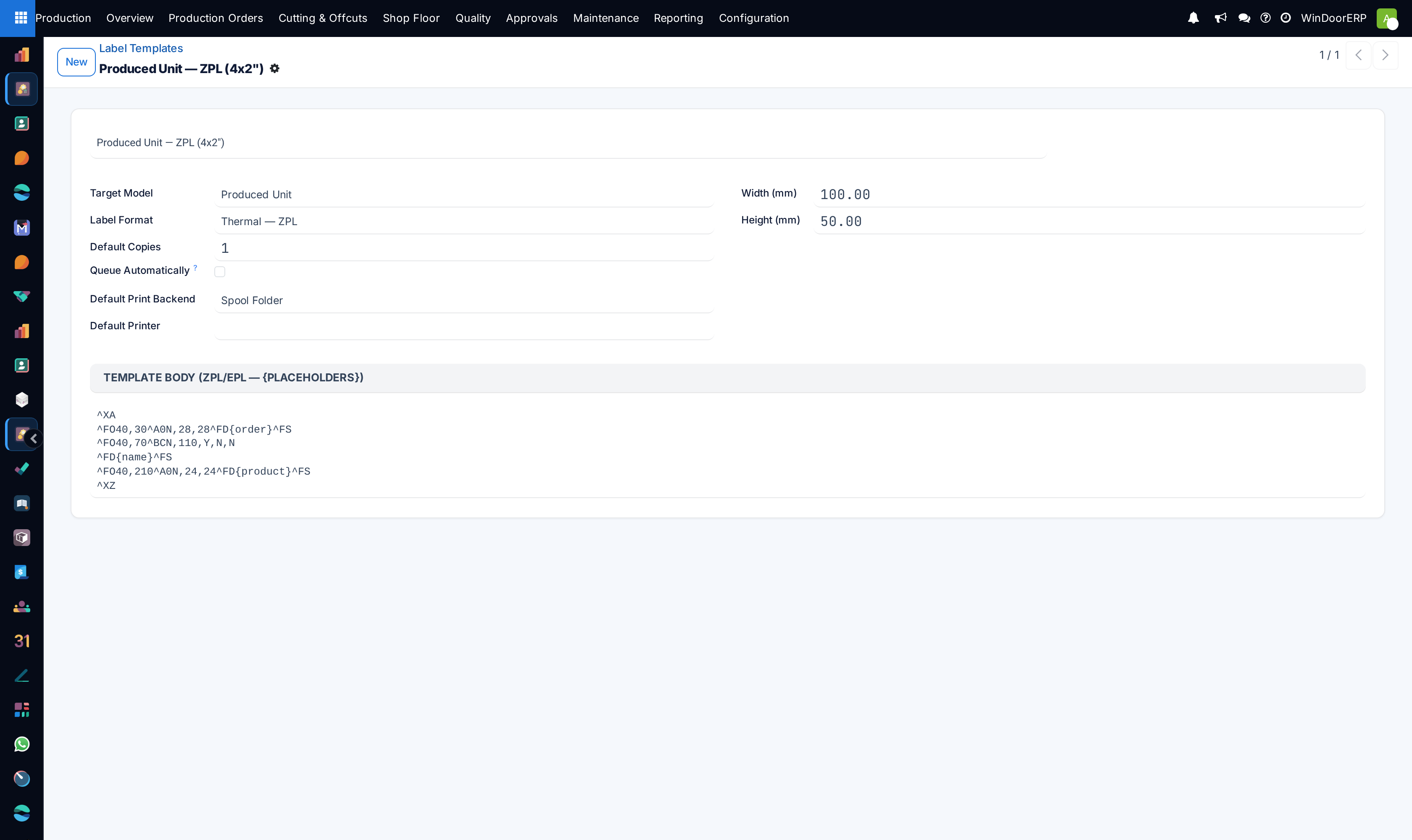 Label template editor form showing dynamic field mapping and ZPL preview