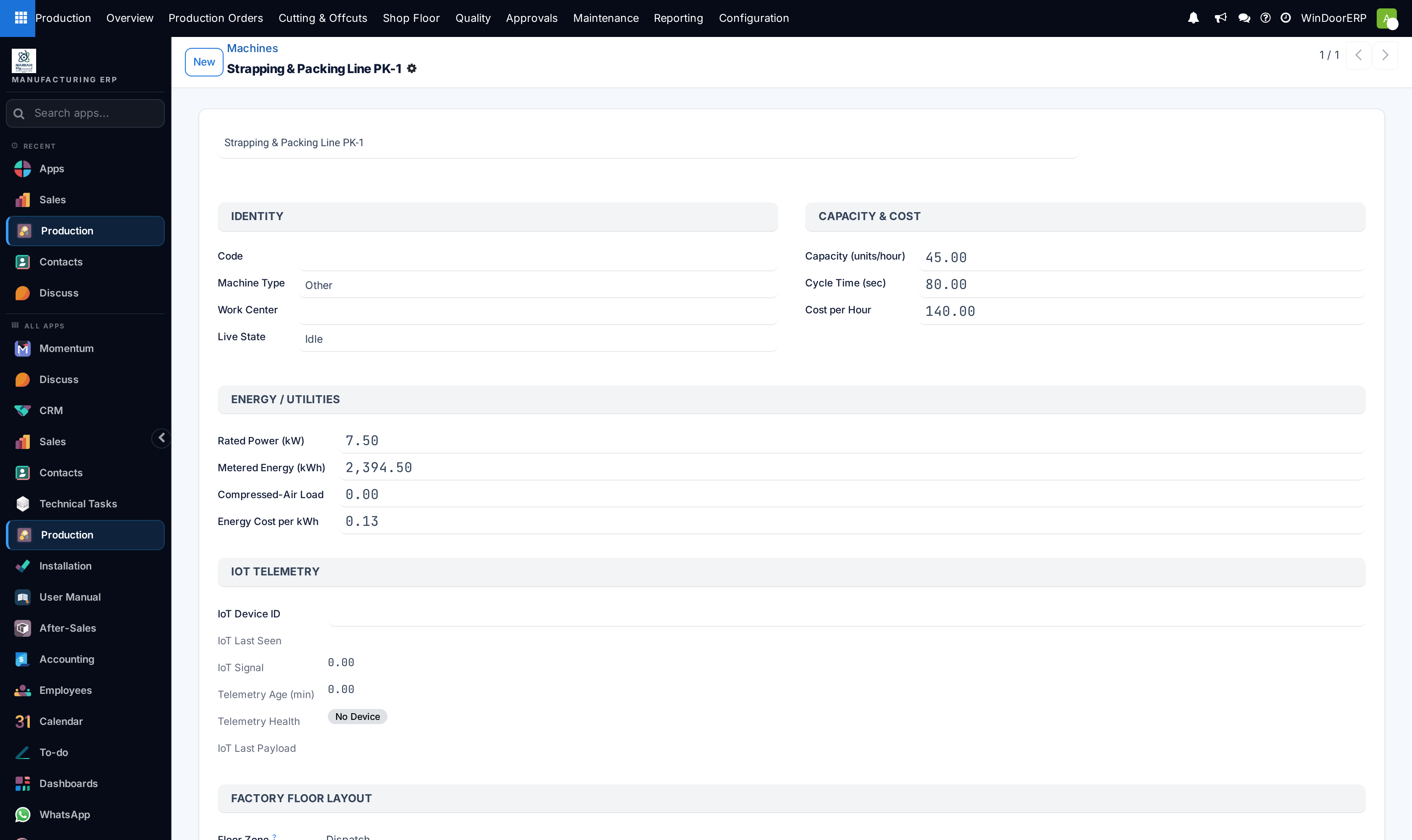 Machine asset profile form with operational specifications, technical tolerances, and maintenance schedules