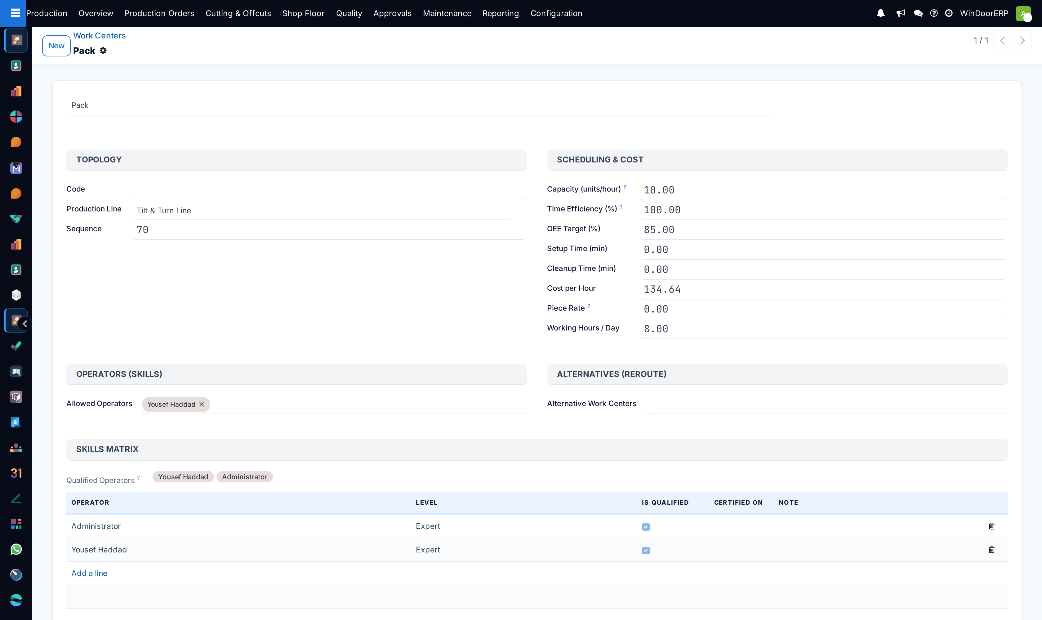 Work center profile form defining capacity, OEE targets, and cost per hour