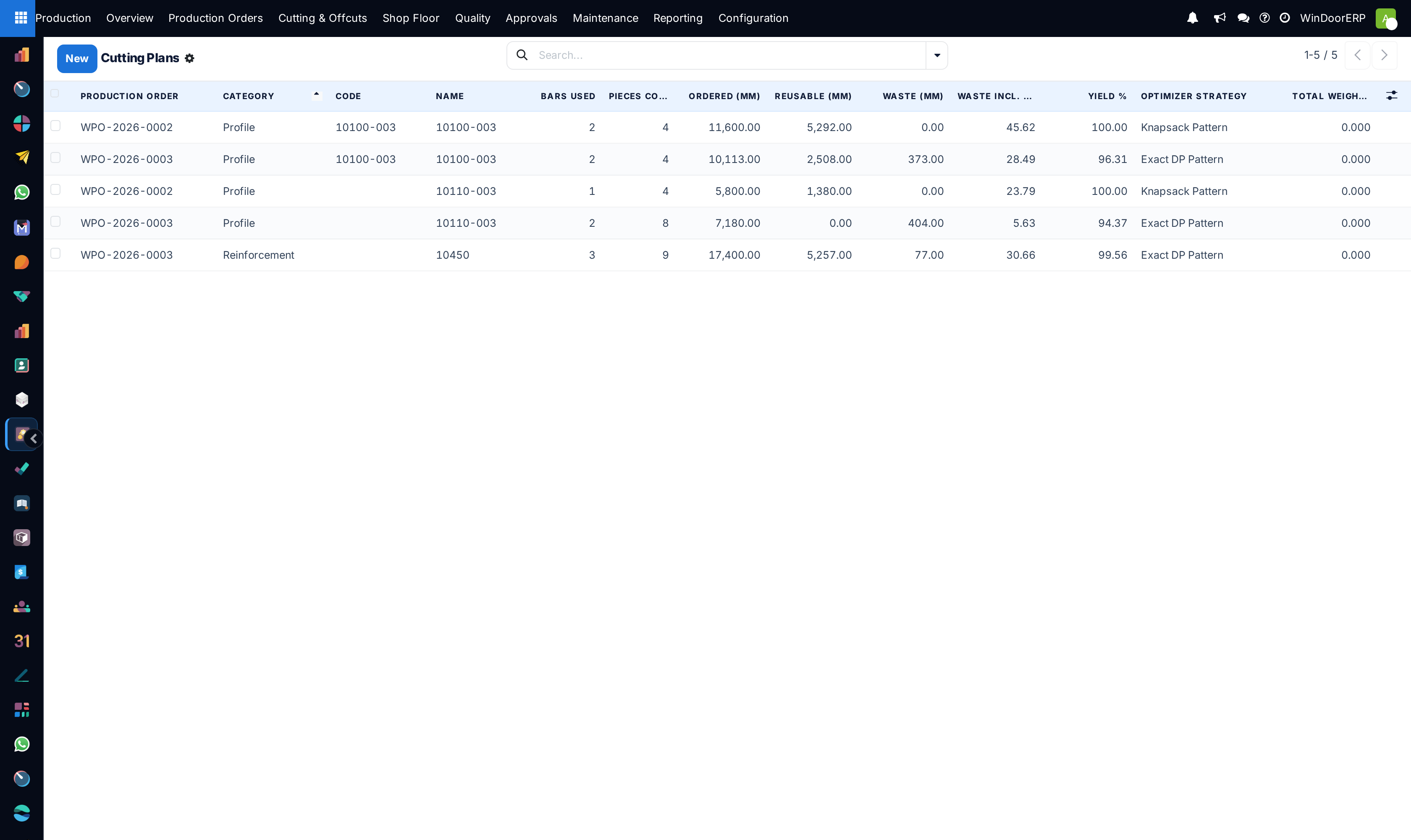 Profile cutting plans list view with optimization yield percentages