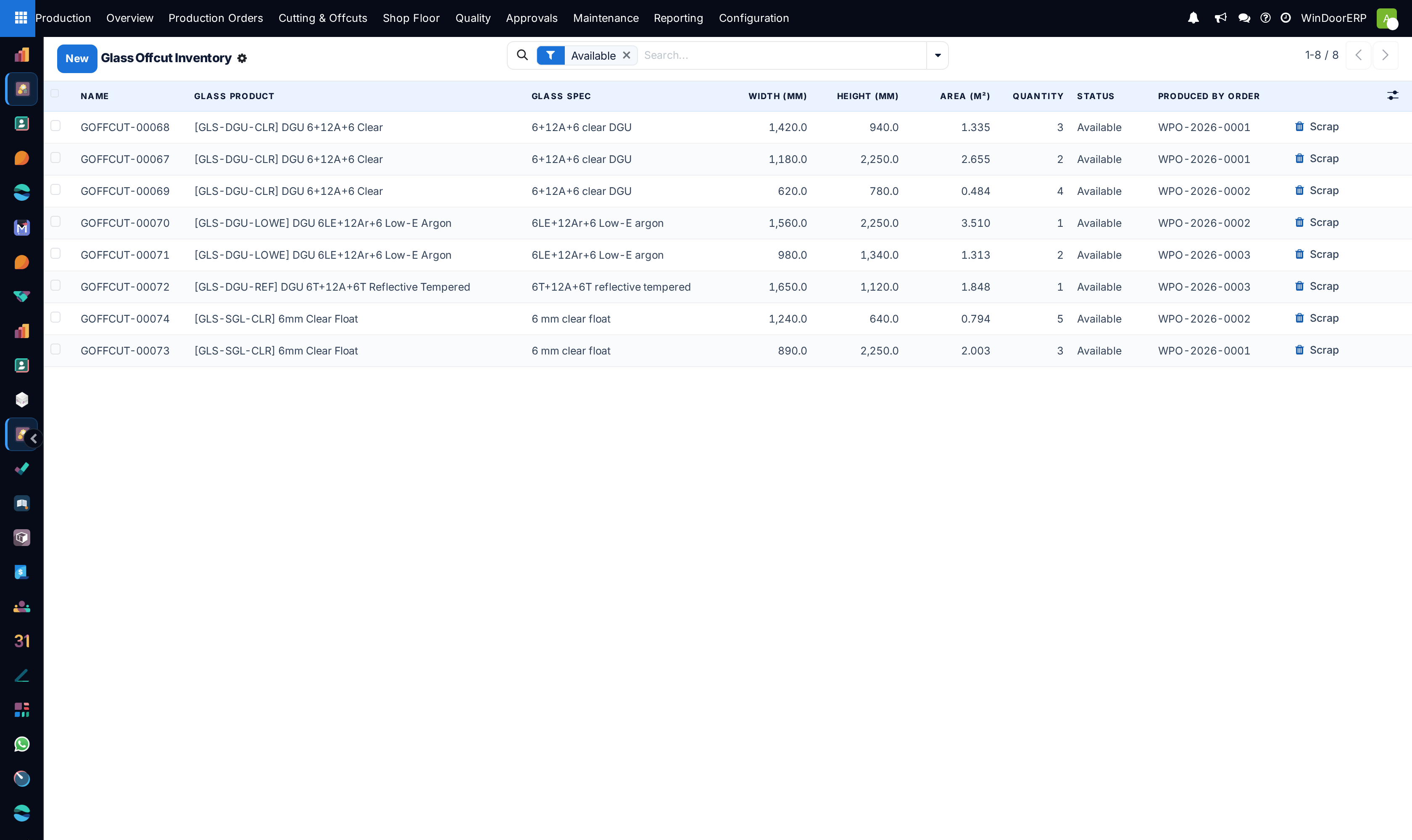 Glass offcut inventory list with dimensions, glass types, and storage rack IDs