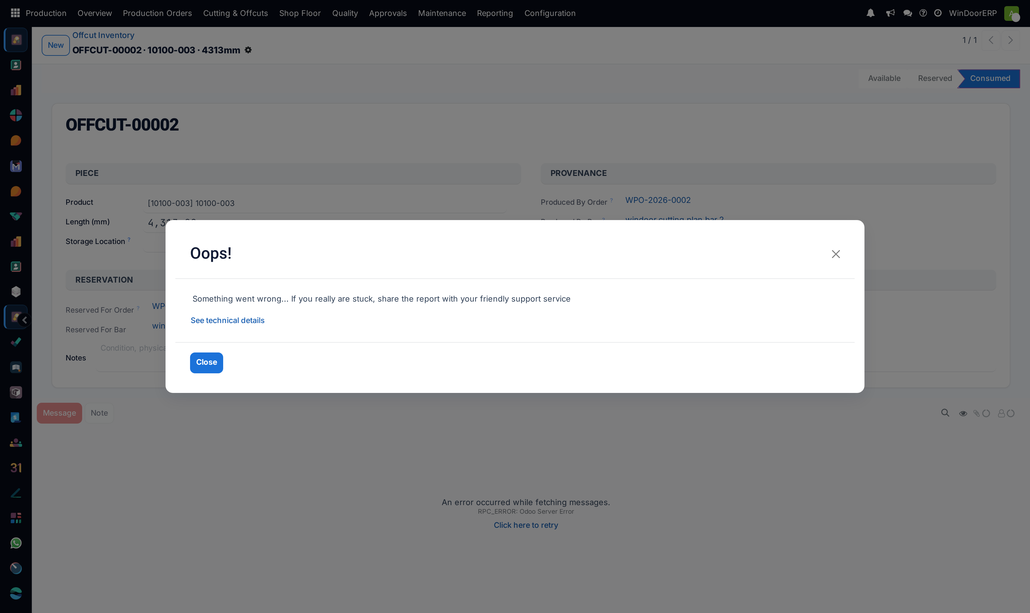 Offcut inventory record with profile specs, dimensions, and parent batch link