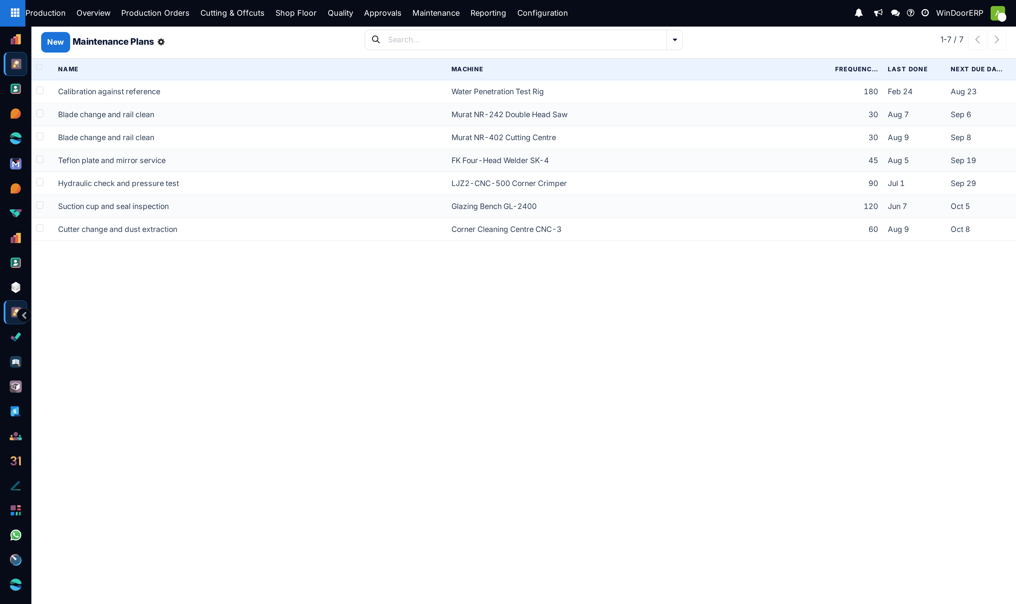 Preventive maintenance plans list with recurring schedules and machine links