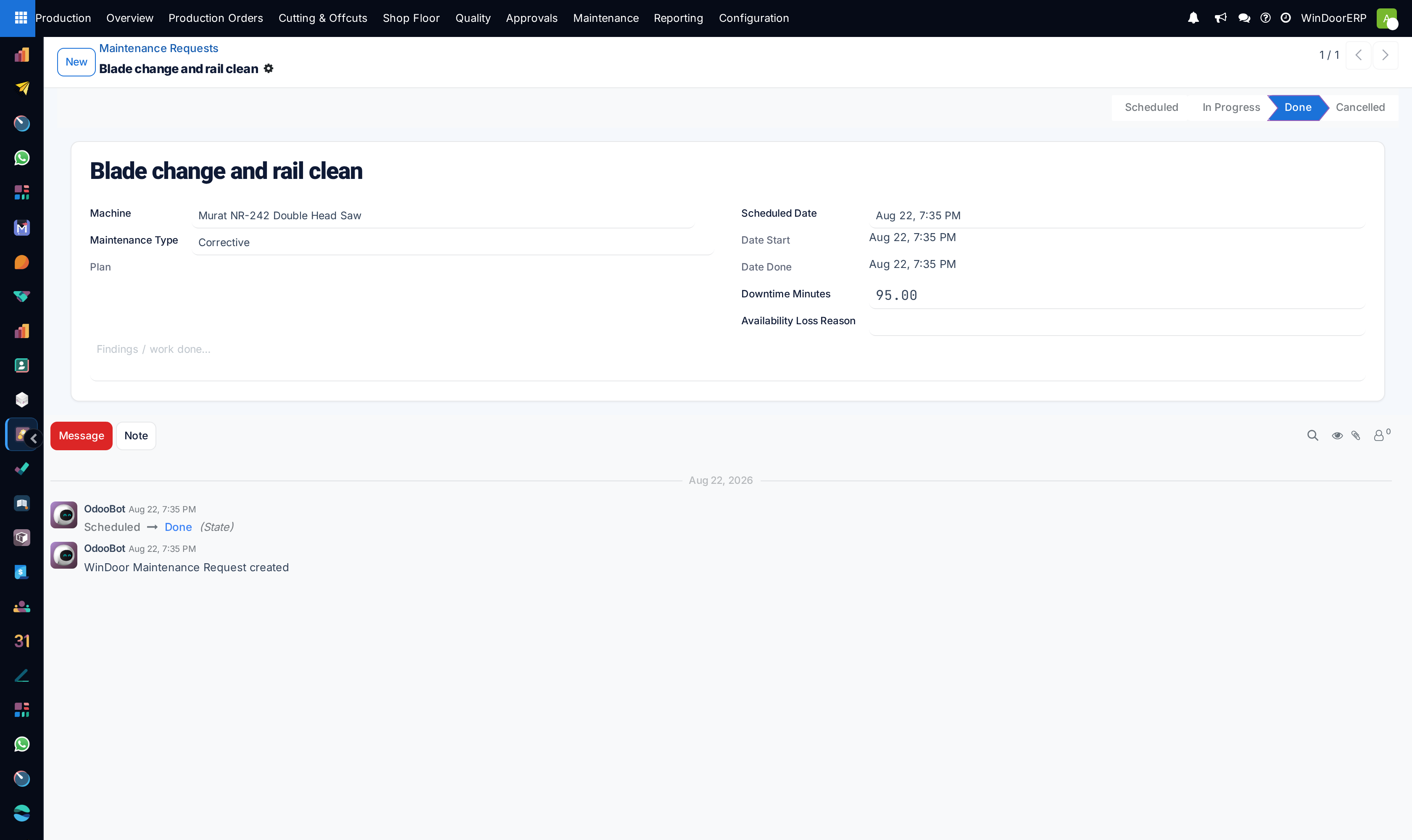 Maintenance request form logging breakdown causes, repair duration, and replacement parts