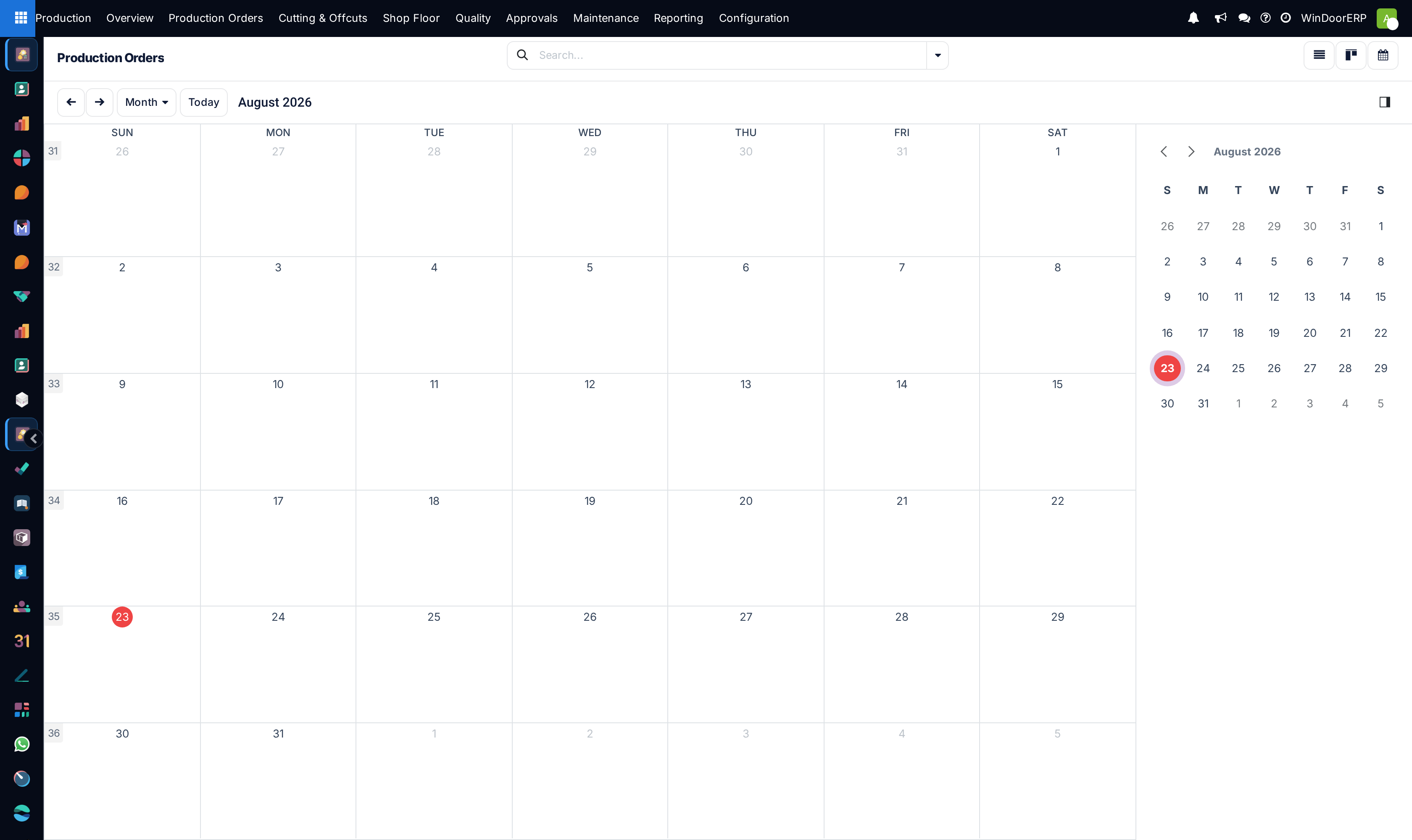 Production orders calendar view displaying scheduled manufacturing runs