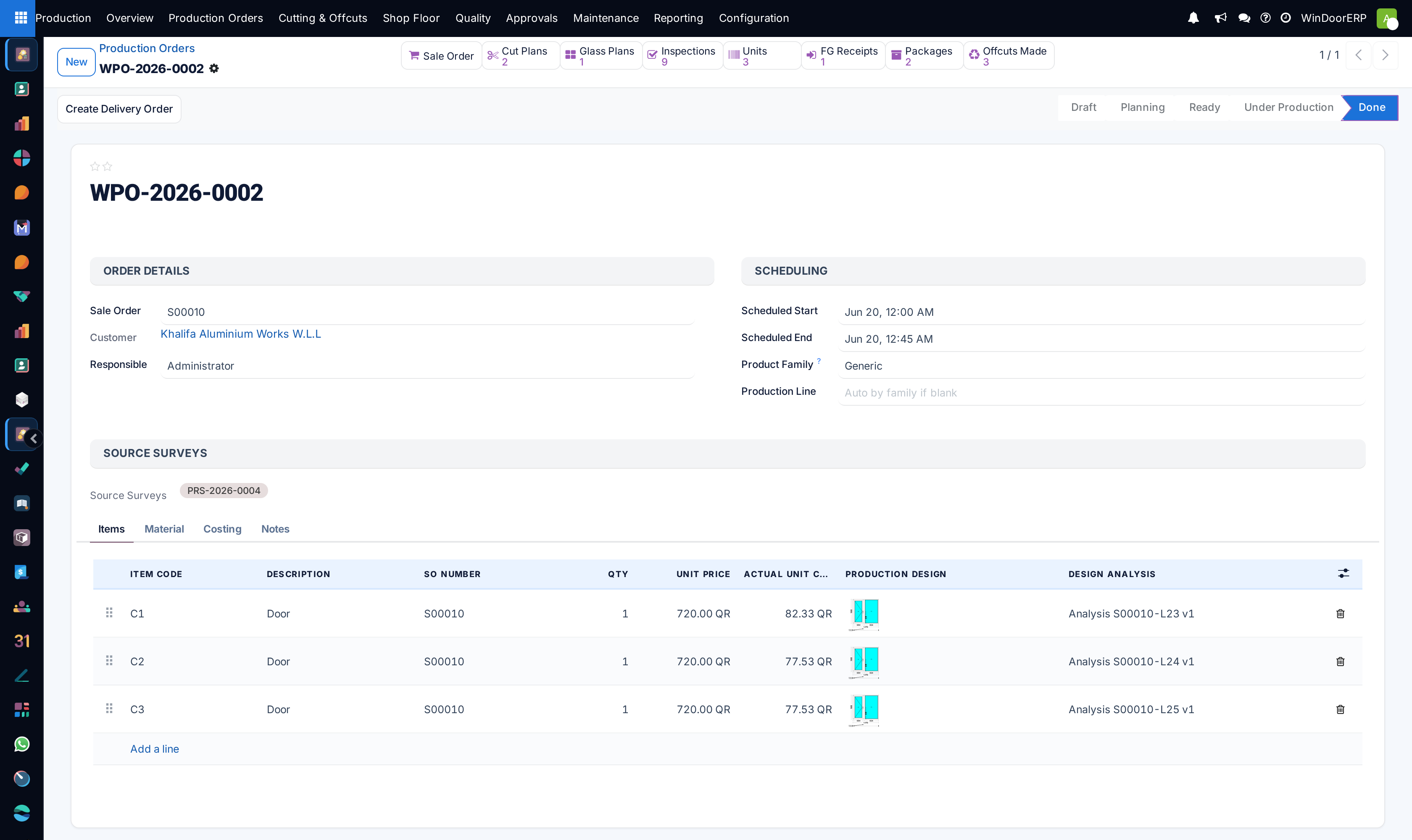 Manufacturing order form view with BOM lines and component reservation
