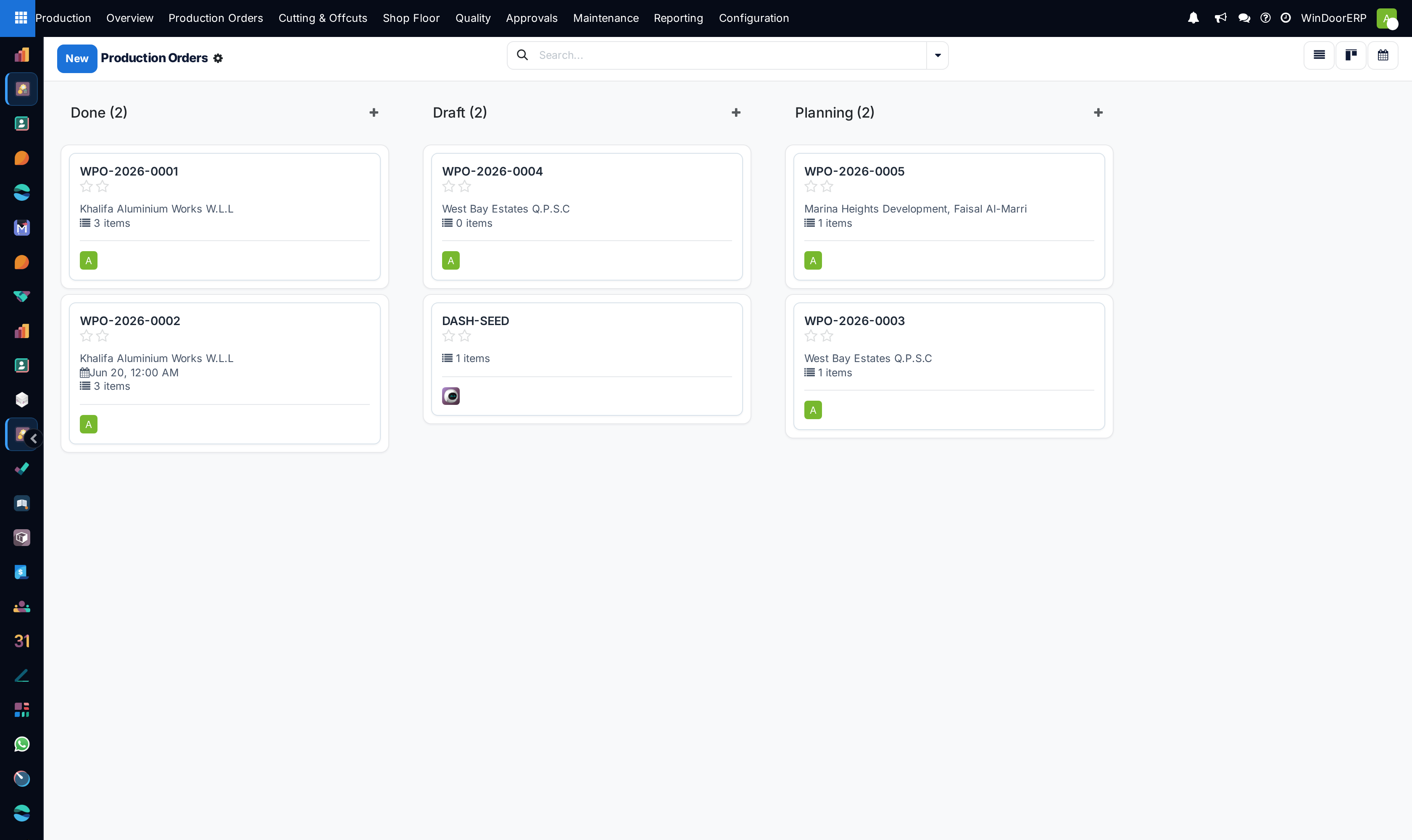 Manufacturing orders kanban board organized by production stage