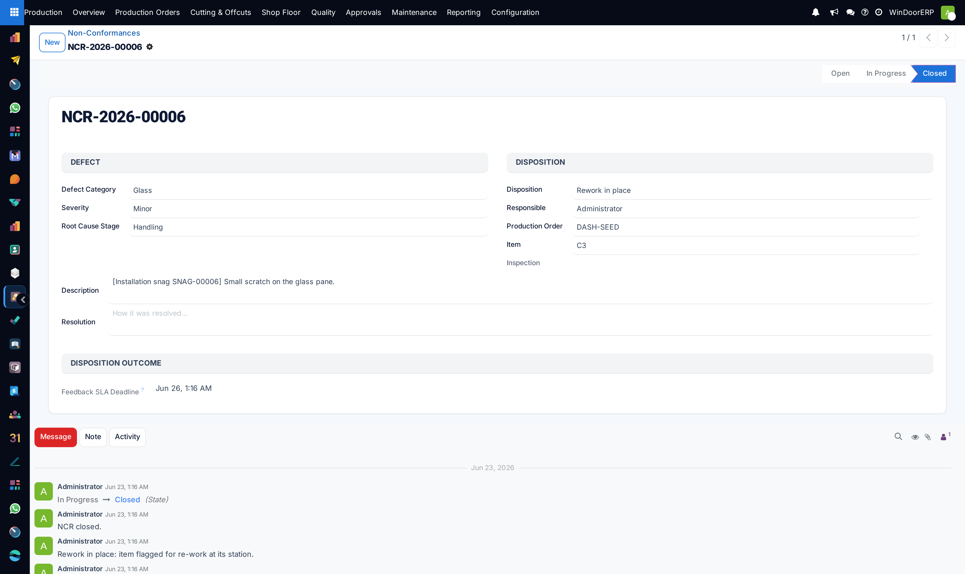 NCR detail record detailing root cause analysis, scrap authorizations, and corrective actions