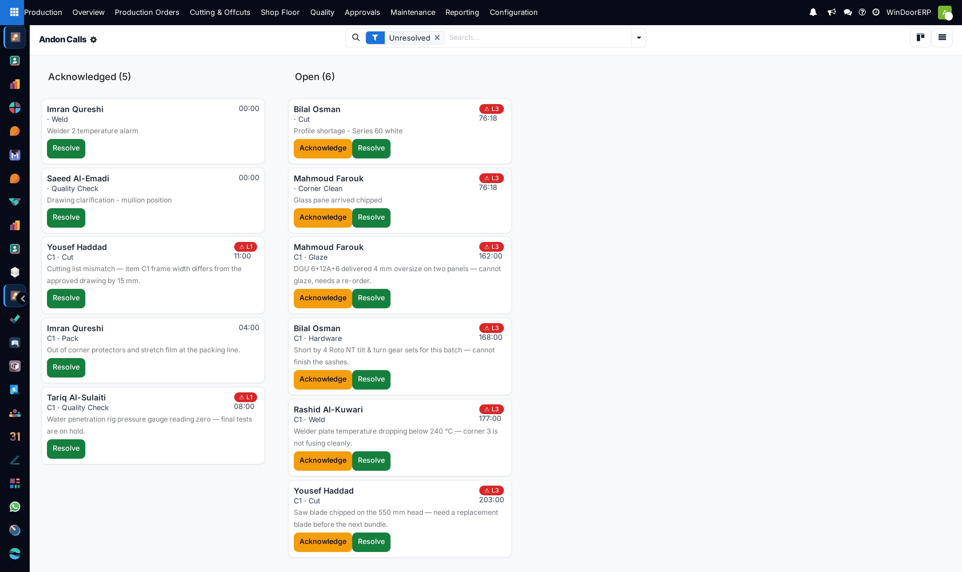 Andon alerts kanban board categorized by status: New, In Progress, and Resolved