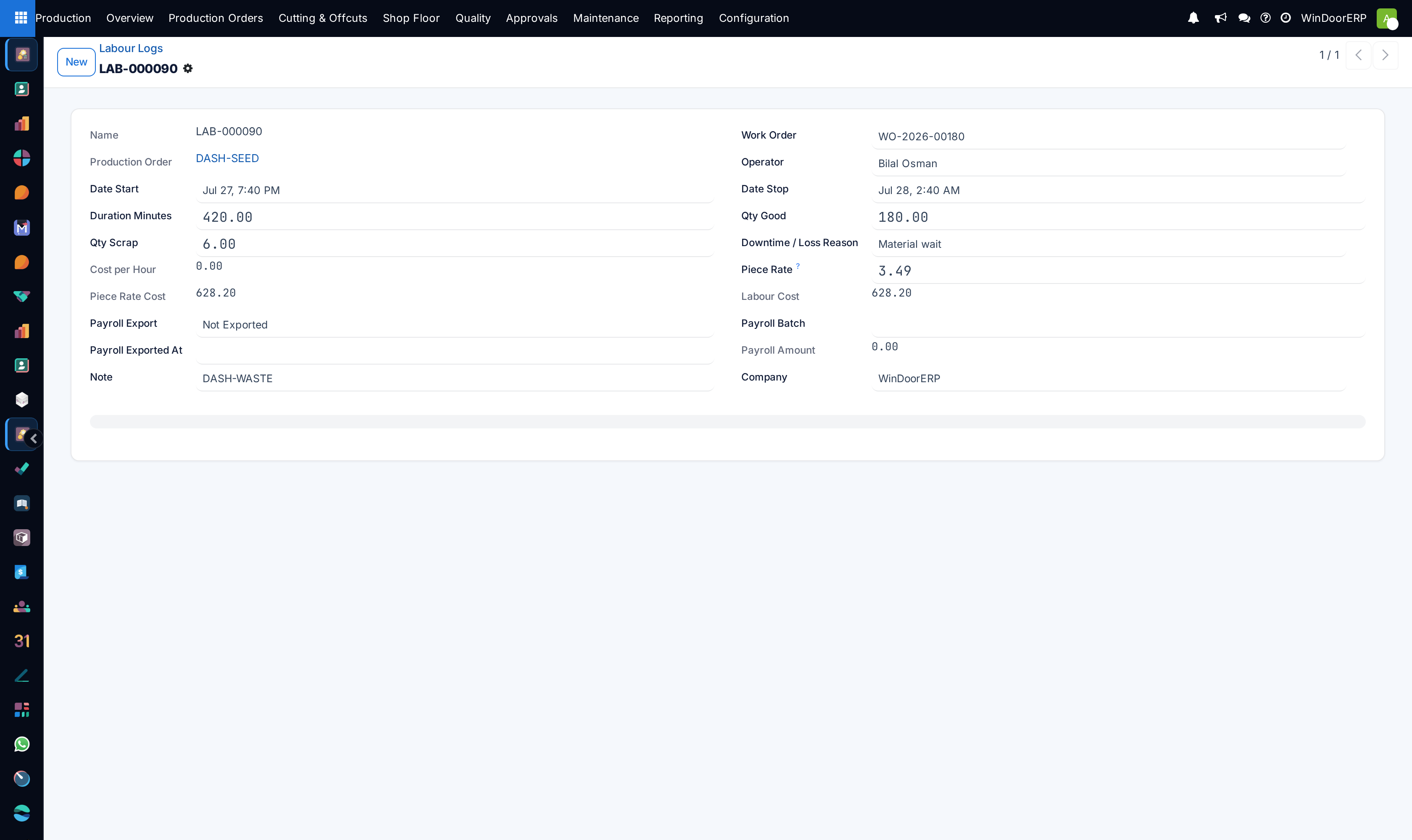 Labour log entry form displaying employee, work center, and cost allocation