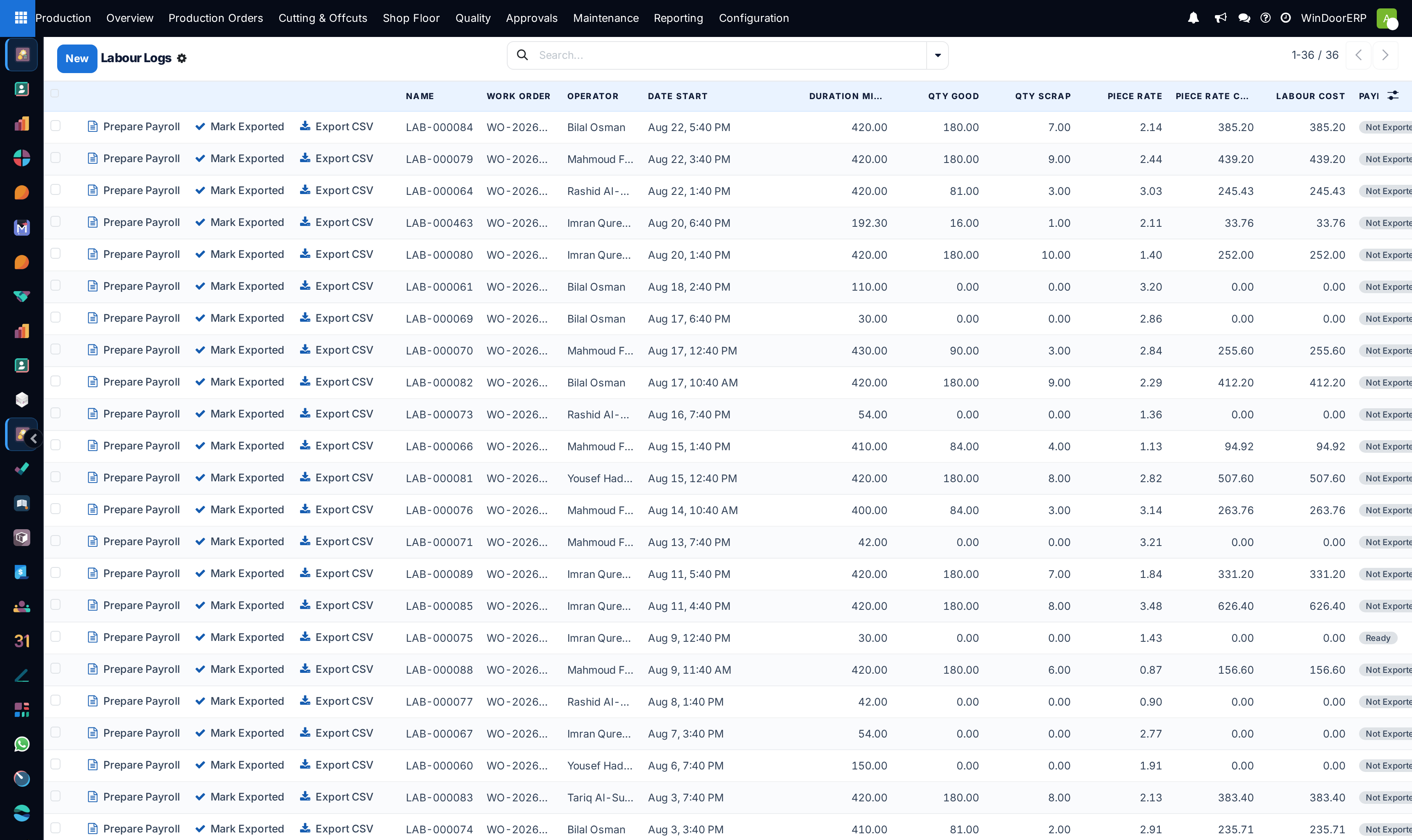 Operator labour logs list showing recorded work durations, operations, and orders